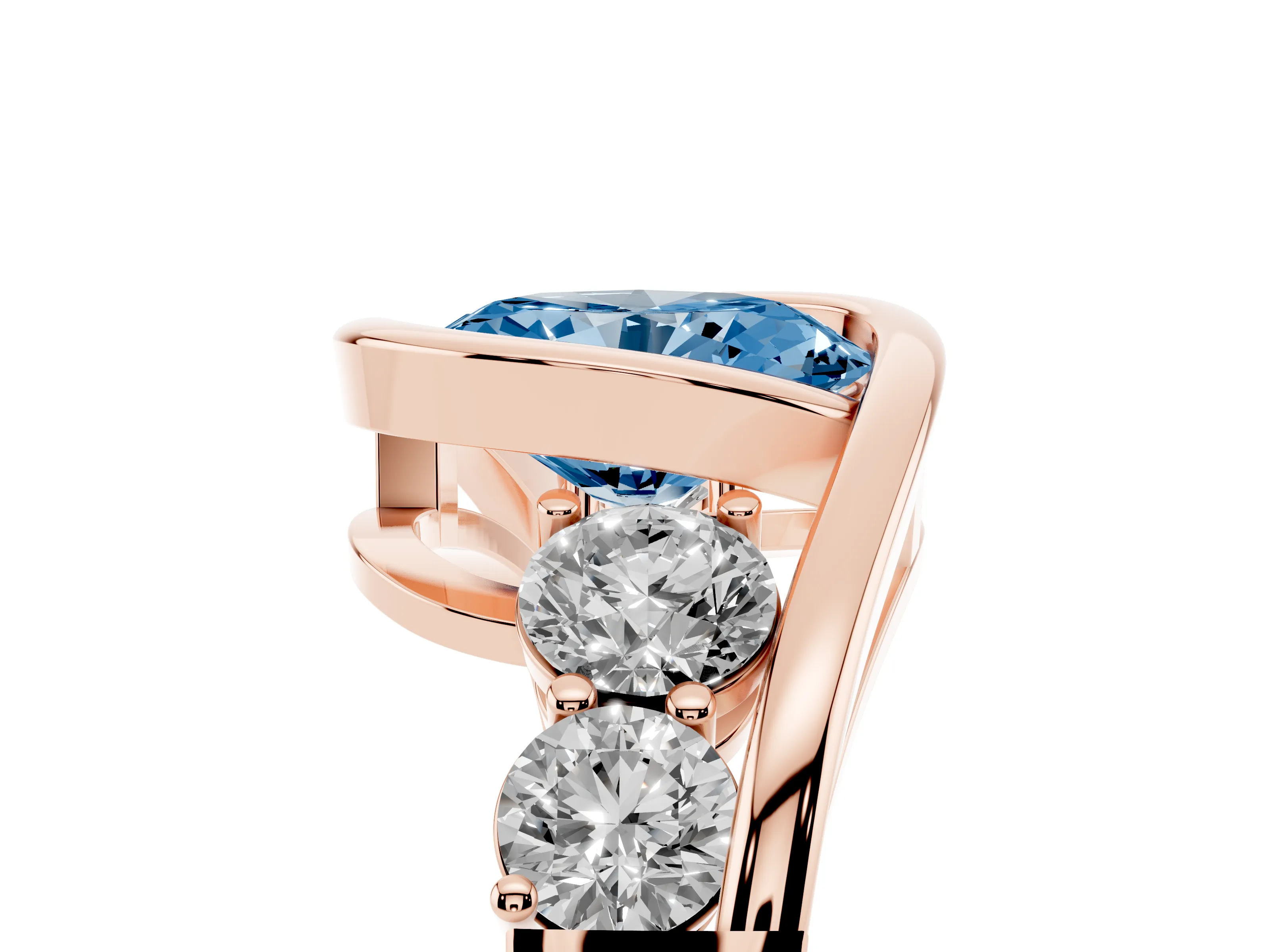 Fancy Blue Oval Cut Diamond Bezel Bypass Ring Set in Rose gold with Round Accents
