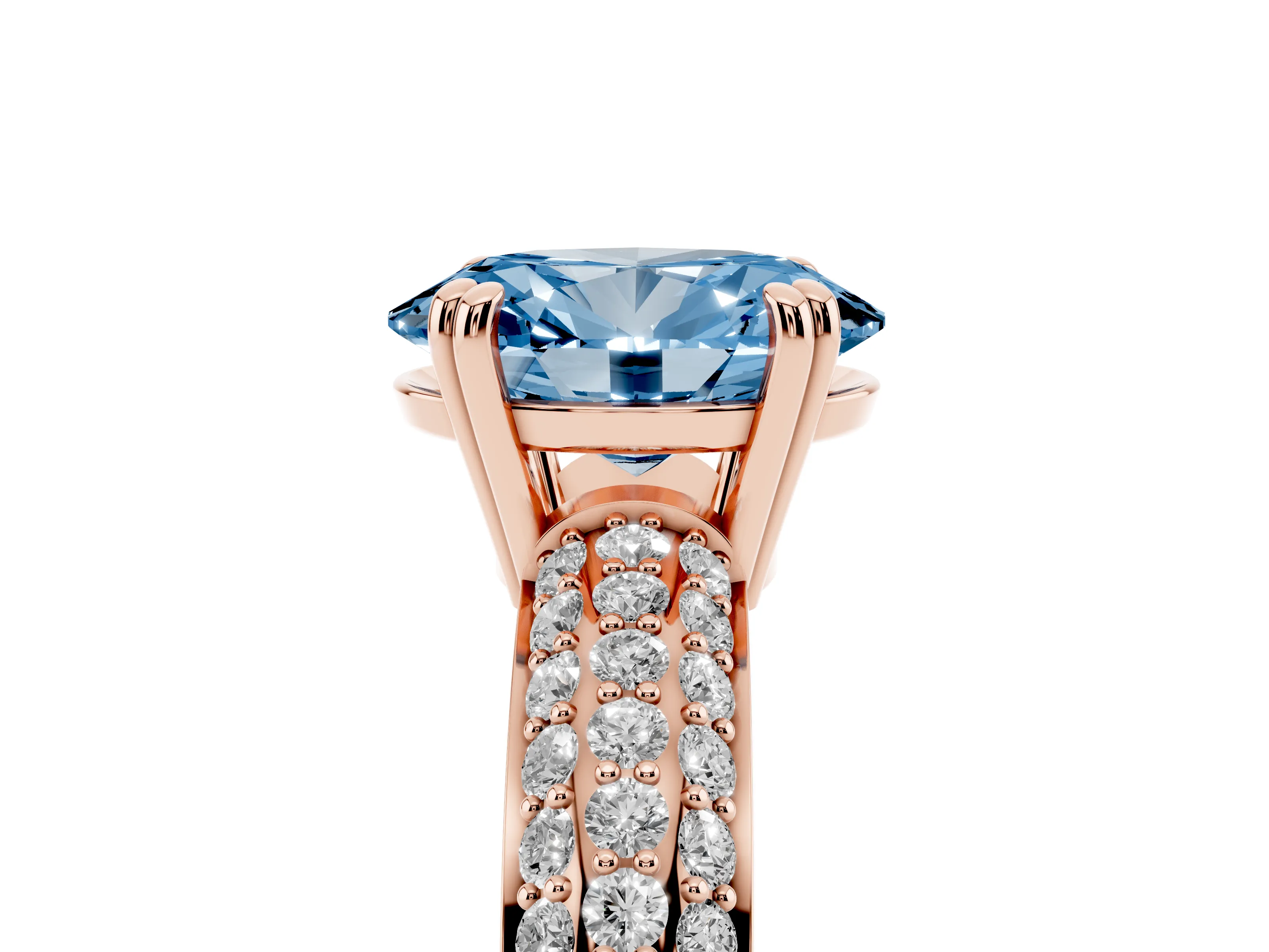 Fancy Blue Oval Cut Diamond Solitaire Ring Set in Rose gold with Multi-Row Round Pavé Band and Prong Setting