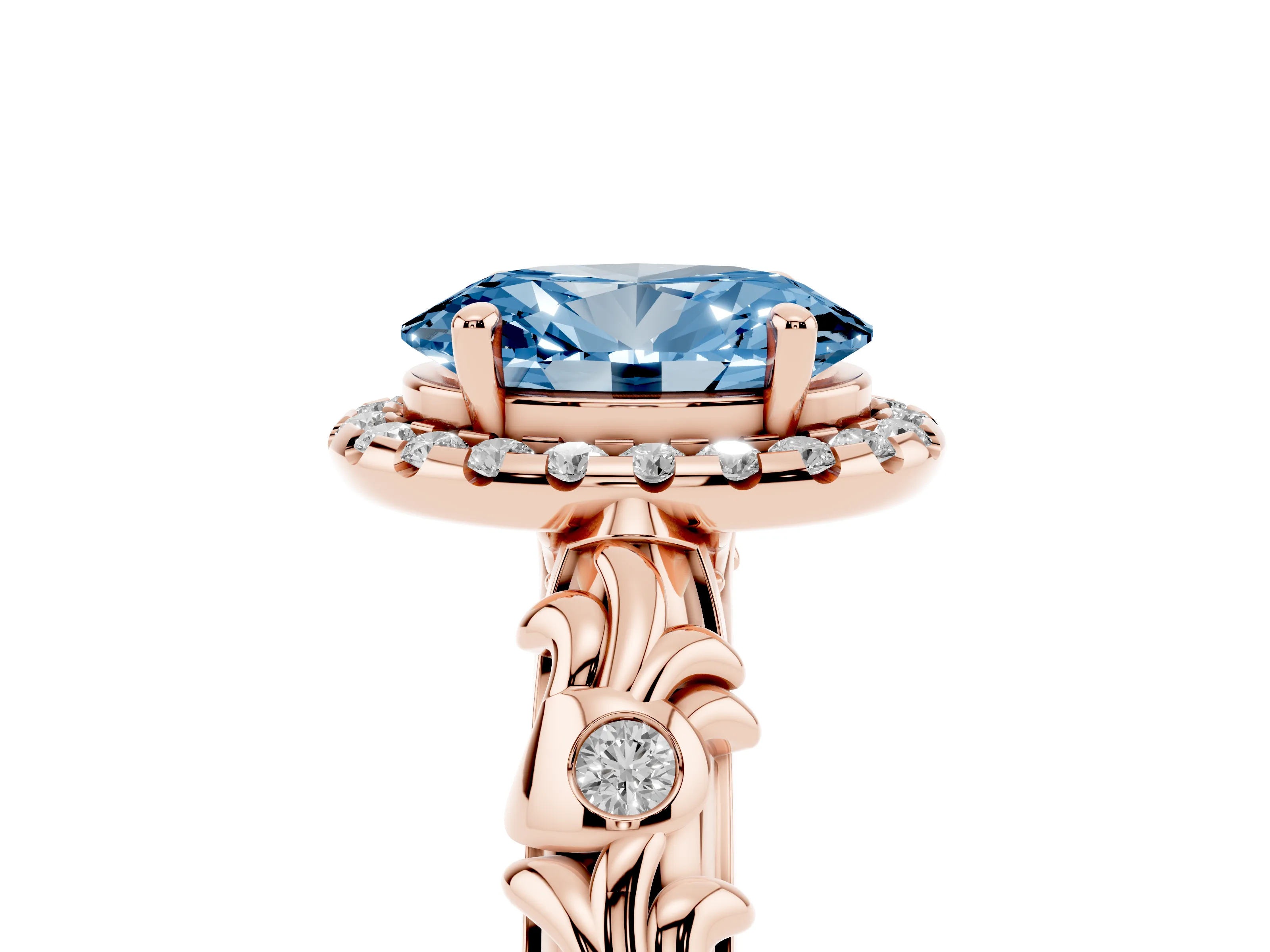 Fancy Blue Oval Cut Diamond Halo Ring Set in Rose gold with Filigree Leaf Band and Prong Setting