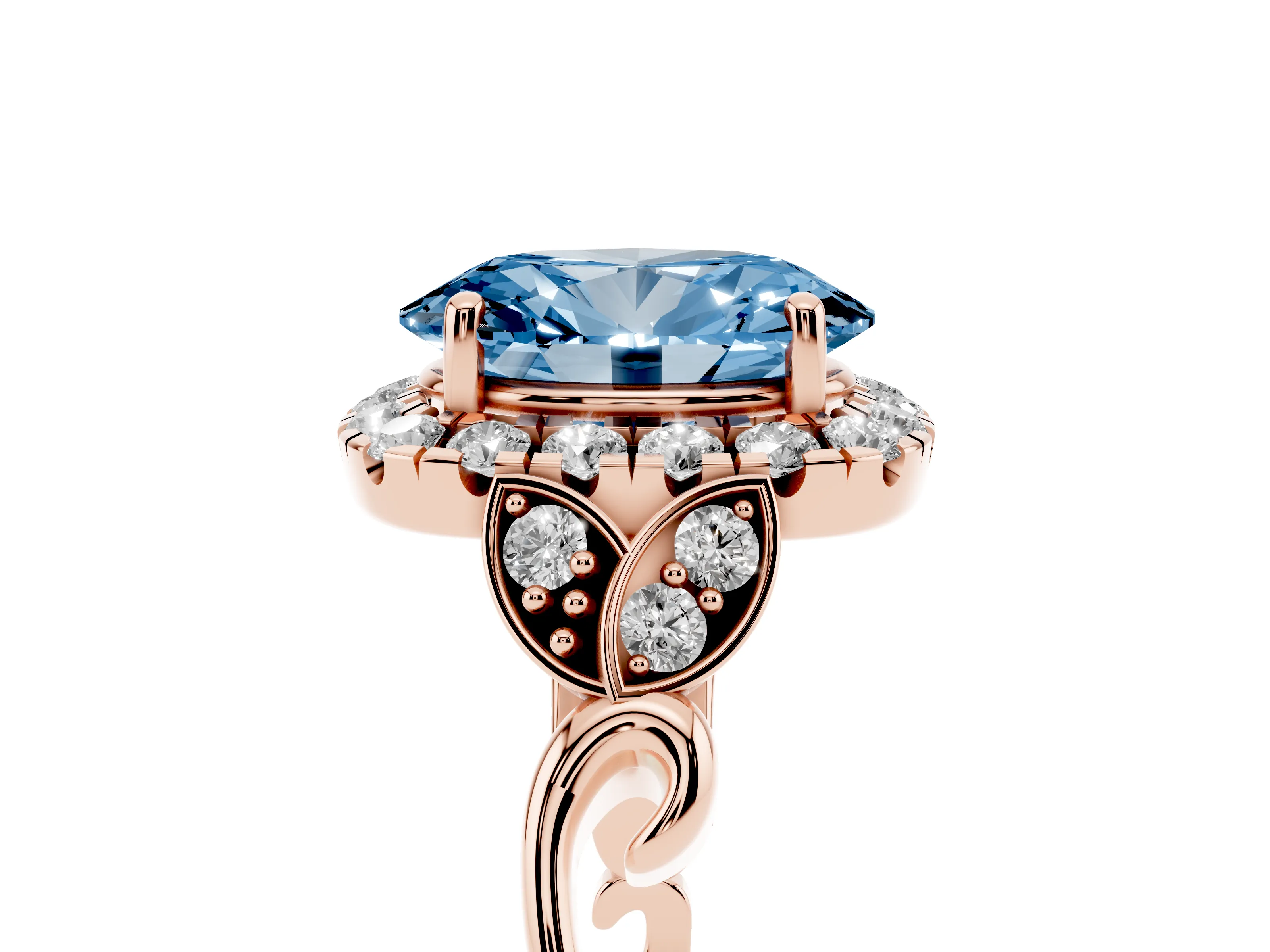 Fancy Blue Oval Cut Diamond Halo Engagement Ring Set in Rose gold with Vintage-Inspired Band and Prong Setting