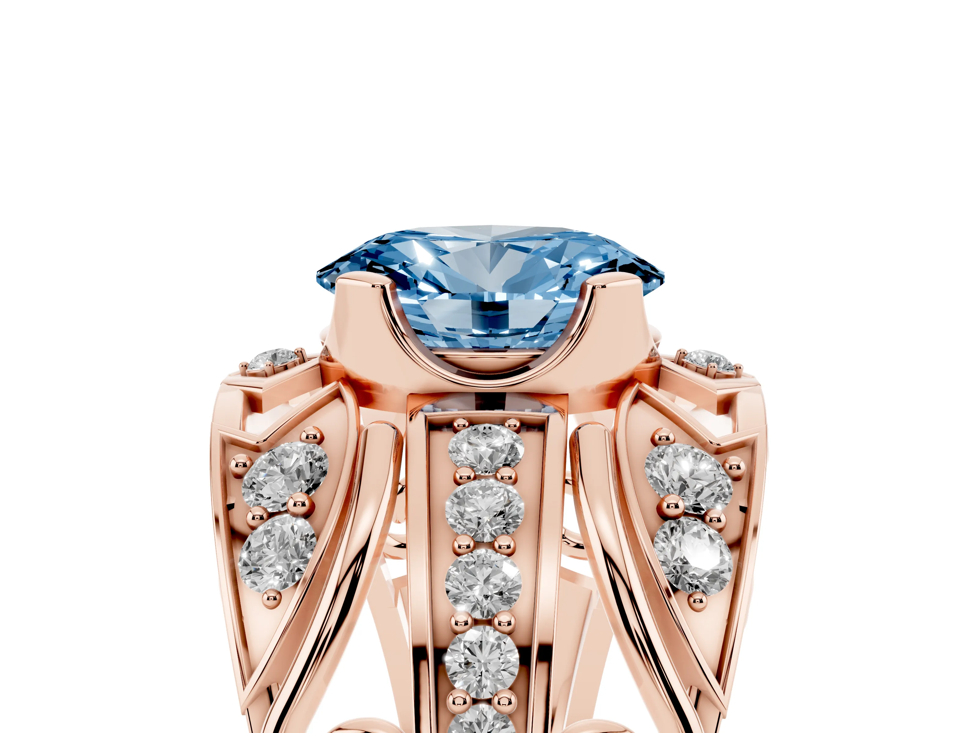 Fancy Blue Oval Cut Diamond Art Deco Ring Set in Rose gold with Pavé Split Shank