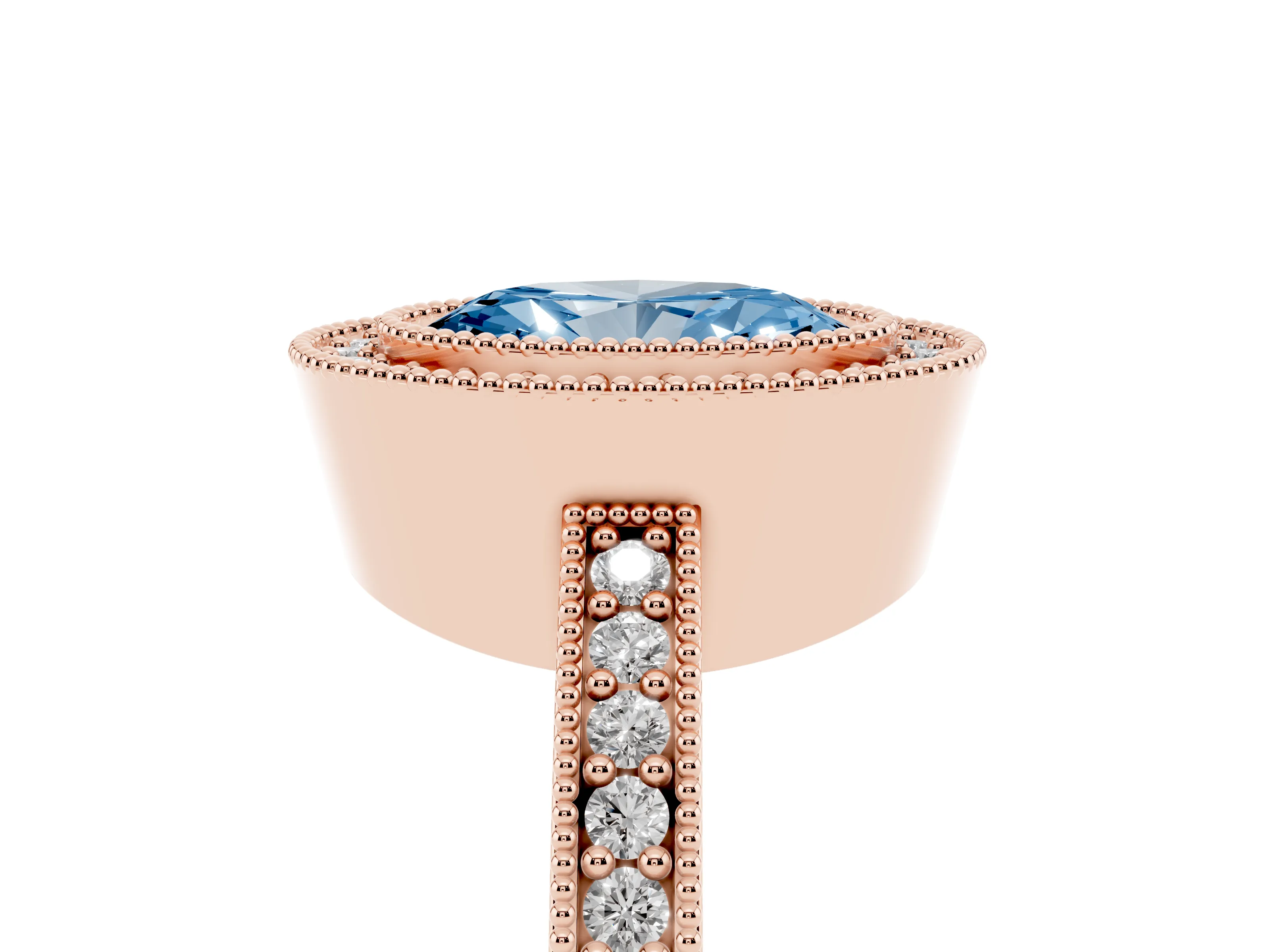 Fancy Blue Oval Cut Diamond Halo Engagement Ring Set in Rose gold with Pavé Band and Round Halo Stones