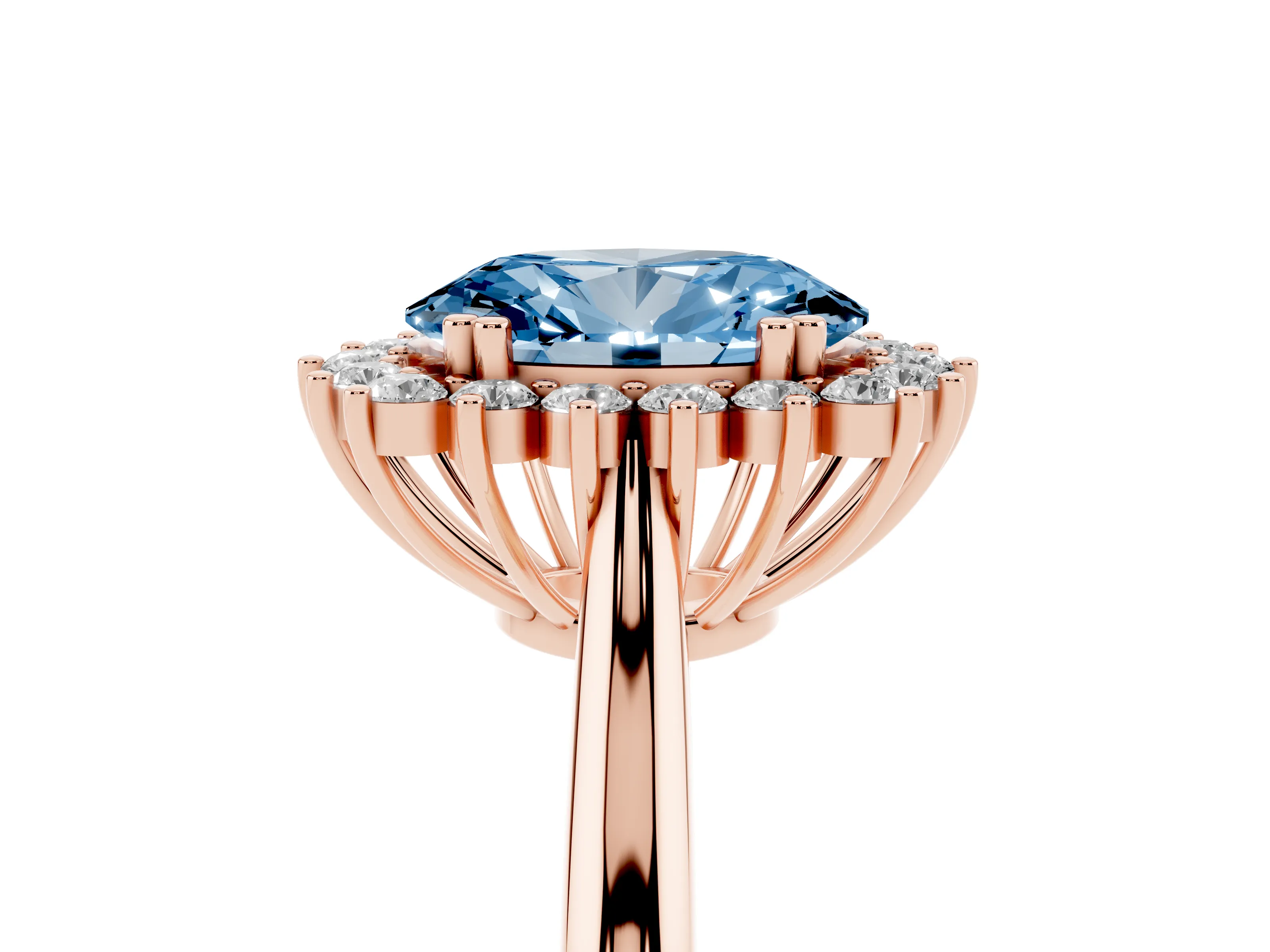 Fancy Blue Oval Cut Diamond Halo Ring Set in Rose gold with Plain Solitaire Band and Prong Setting