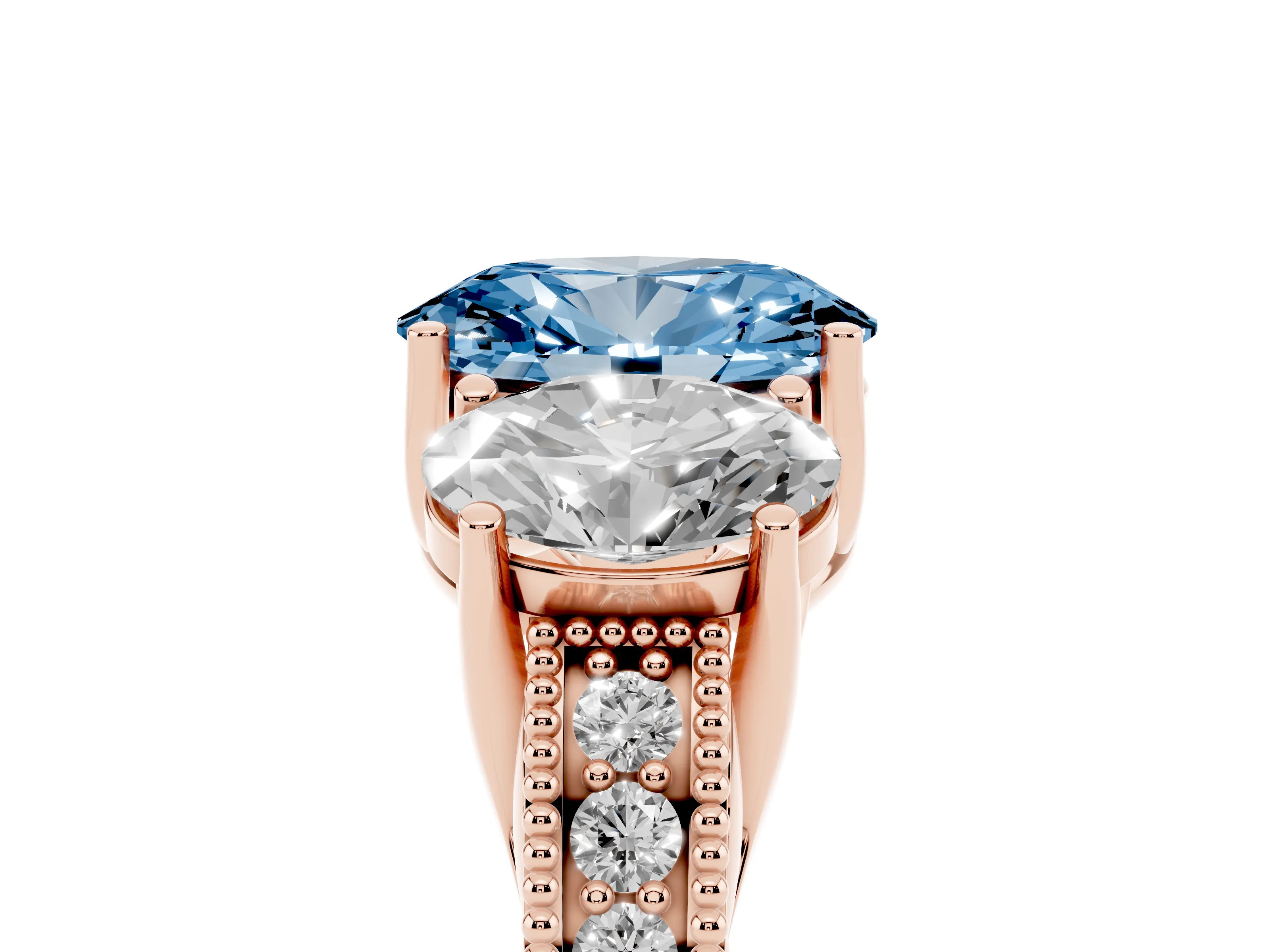 Fancy Blue Oval Cut Diamond Three-Stone Engagement Ring Set in Rose gold with Milgrain Pavé Band