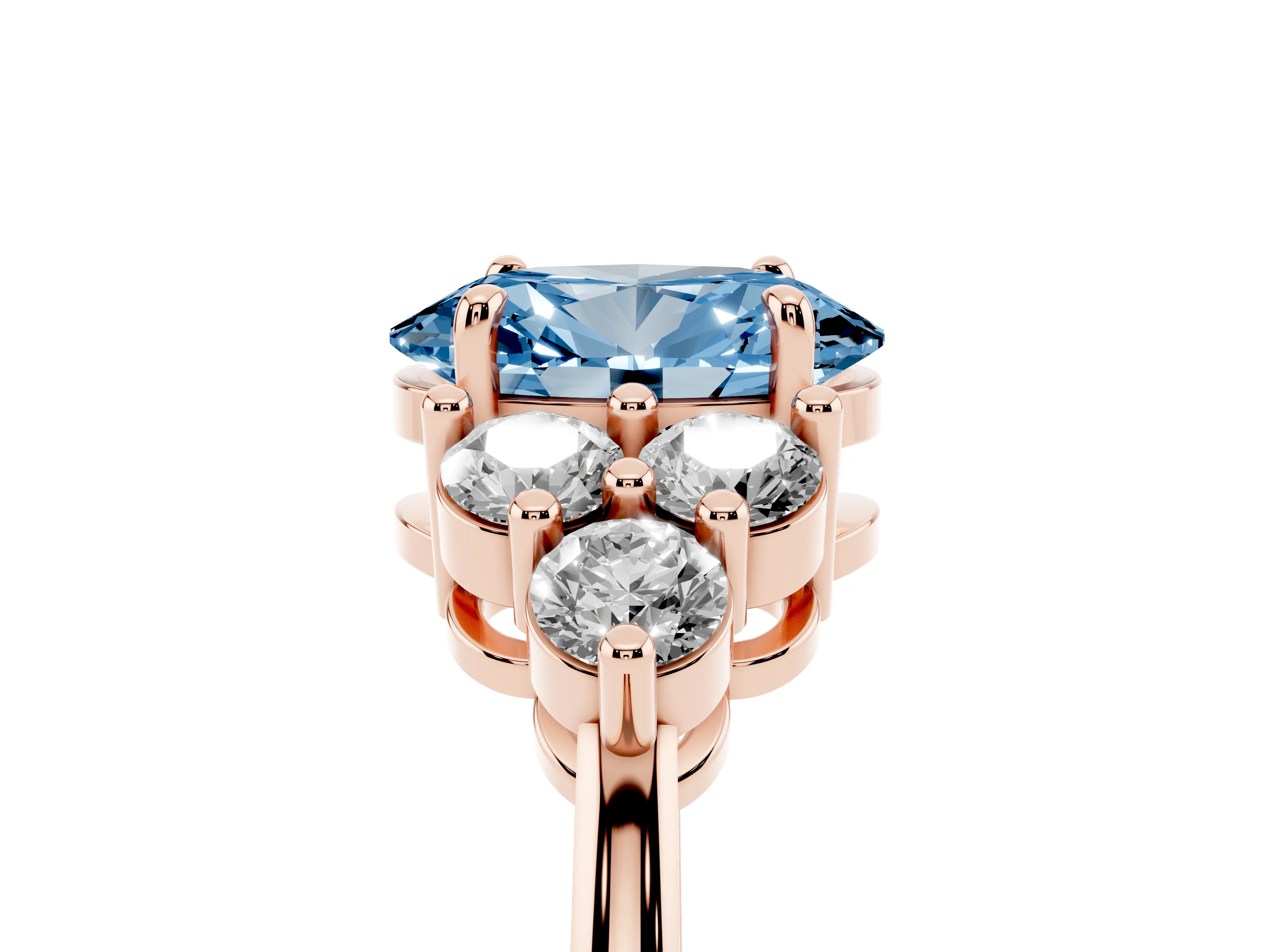 Fancy Blue Oval Cut Diamond Solitaire Ring Set in Rose gold with Cluster Accents on Each Side