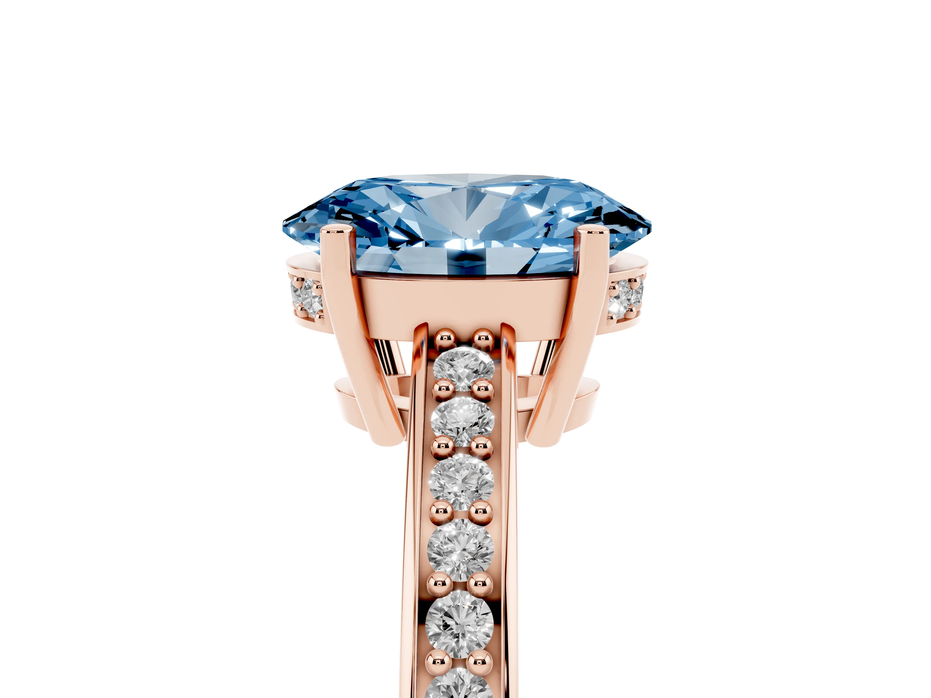Fancy Blue Oval Cut Diamond Pavé Band Prong Set Solitaire Ring Set in Rose gold