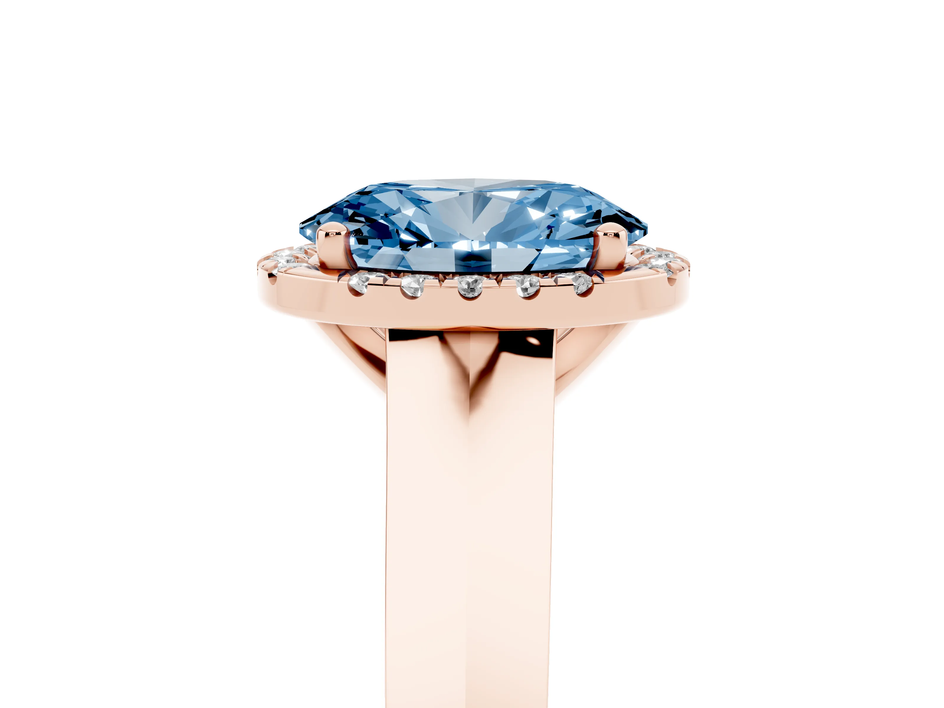Fancy Blue Oval Cut Diamond Halo Ring Set in Rose gold with Cathedral Band and Prong Setting