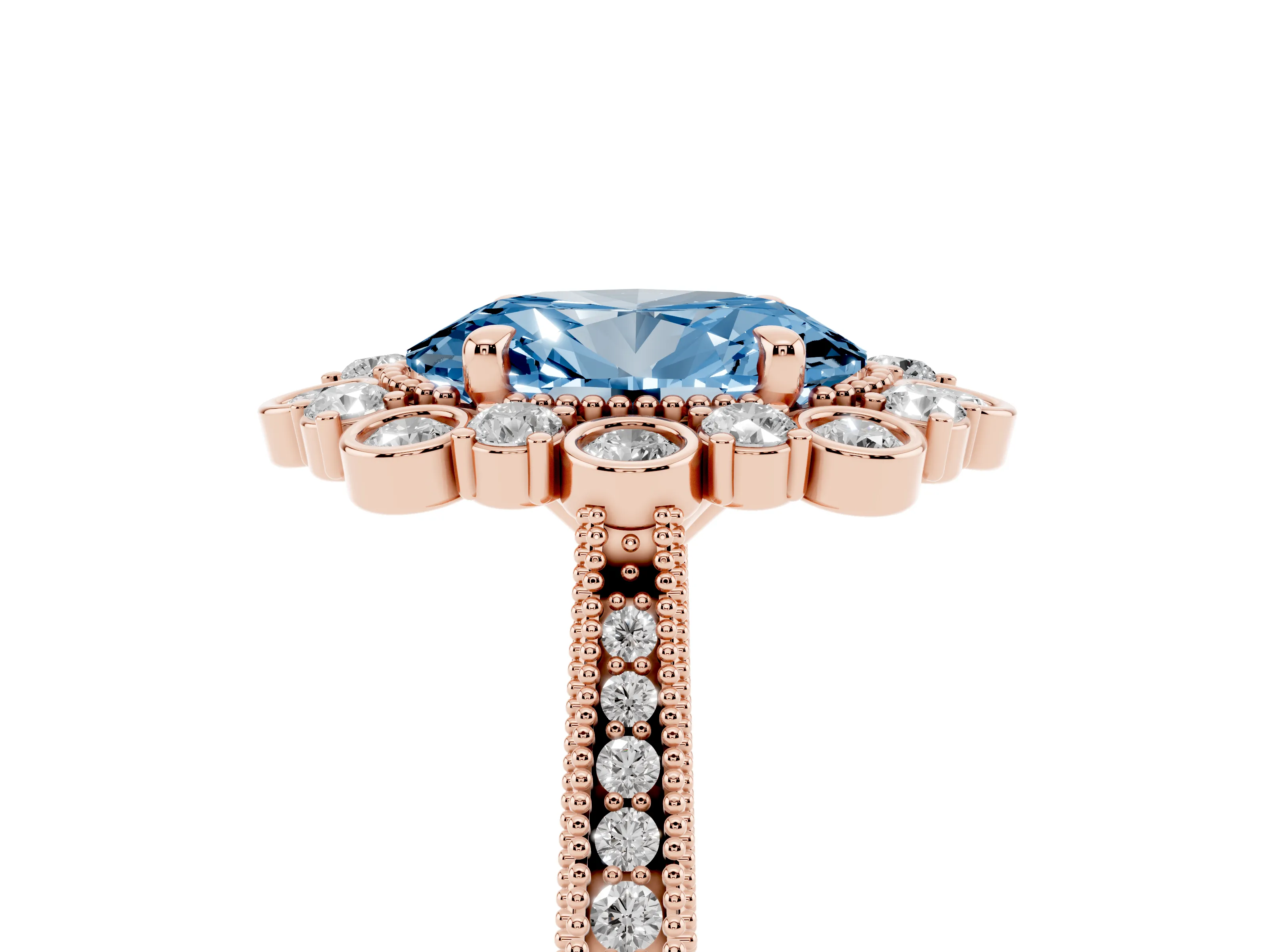 Fancy Blue Oval Cut Diamond Halo Milgrain Pavé Ring Set in Rose gold with Prong Setting