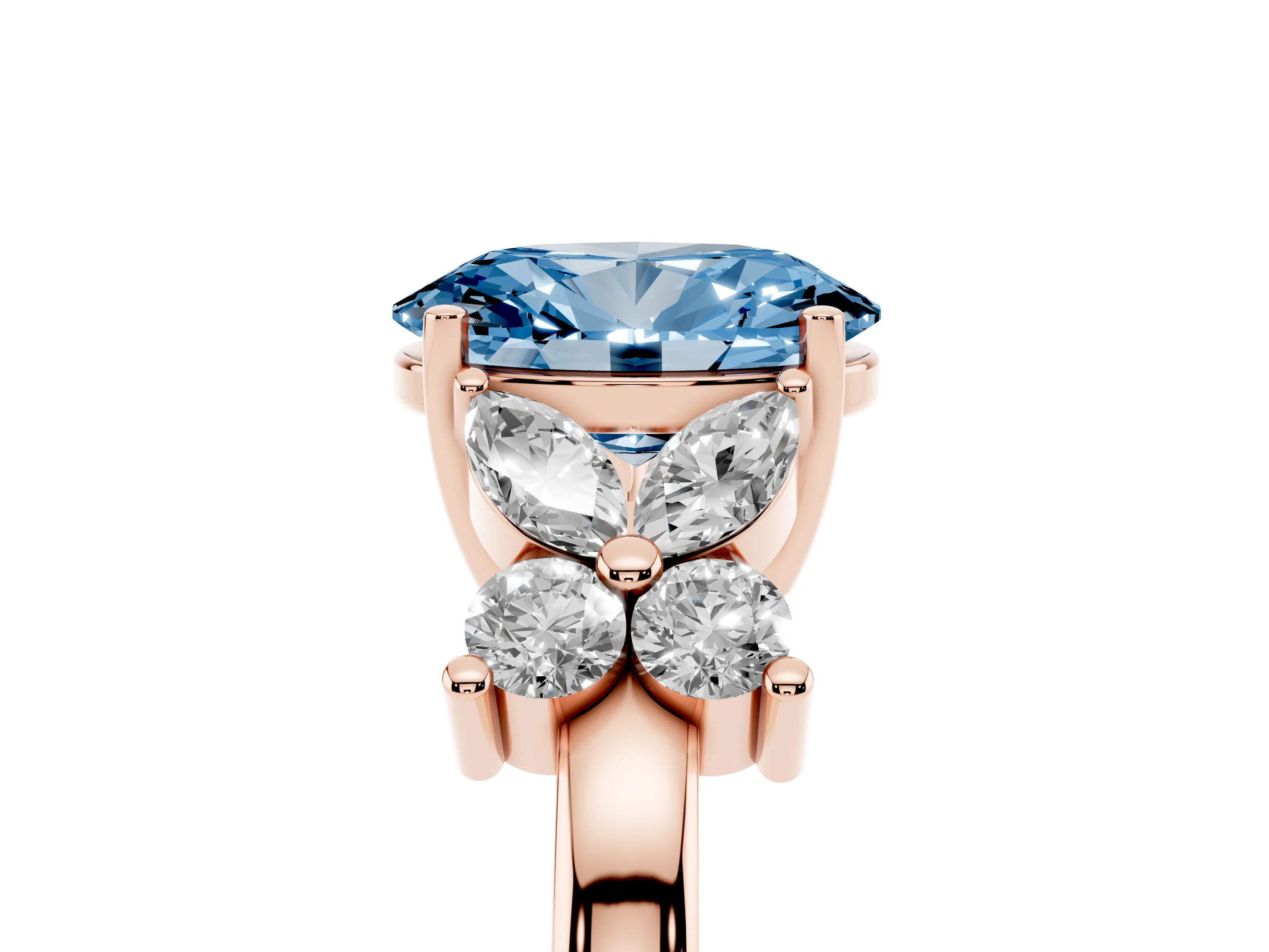 Fancy Blue Oval Cut Diamond Floral Cluster Ring Set in Rose gold with Marquise Petals and Prong Setting