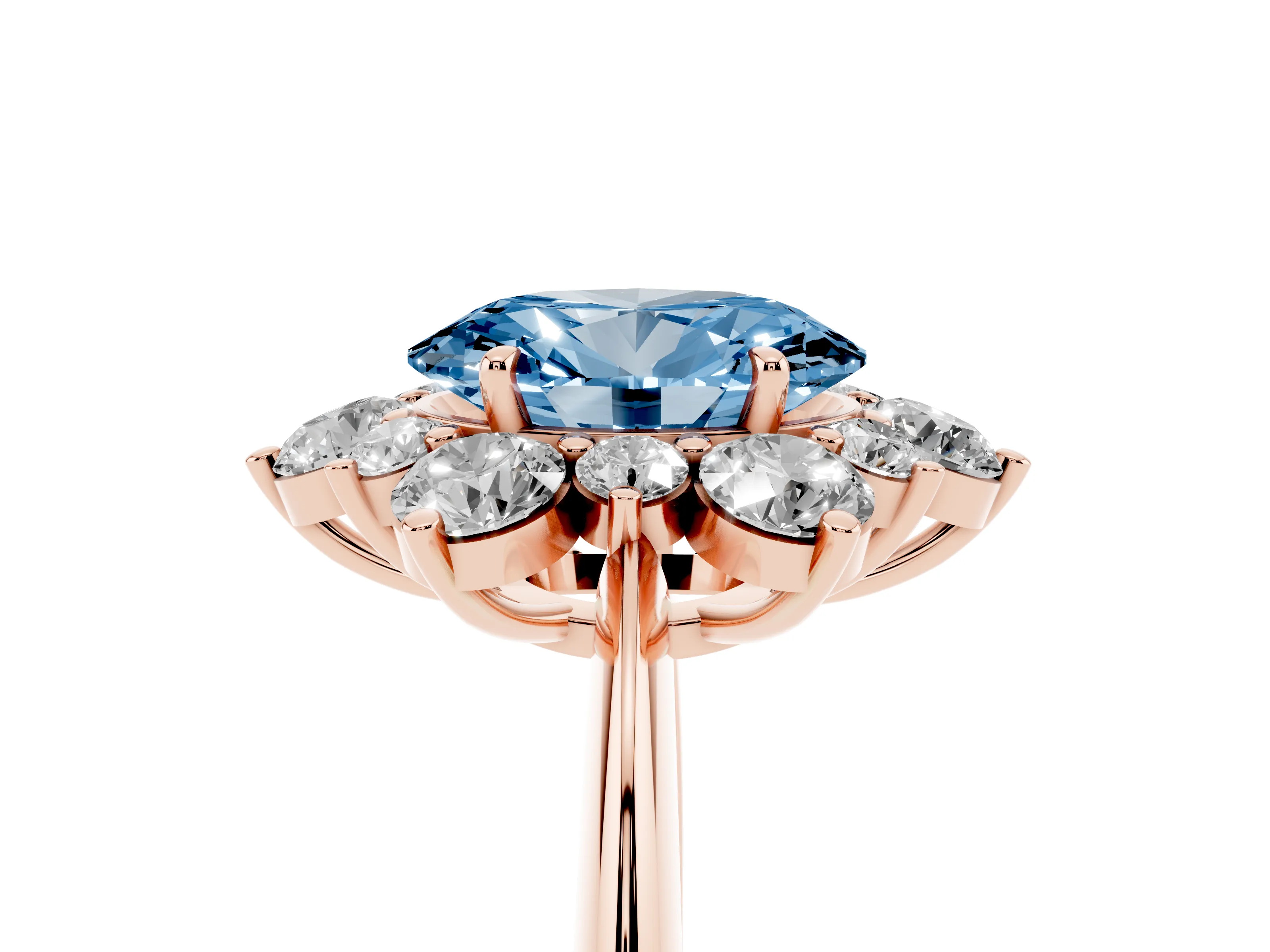 Fancy Blue Oval Cut Diamond Cluster Halo Ring Set in Rose gold with Solitaire Band and Prong Setting