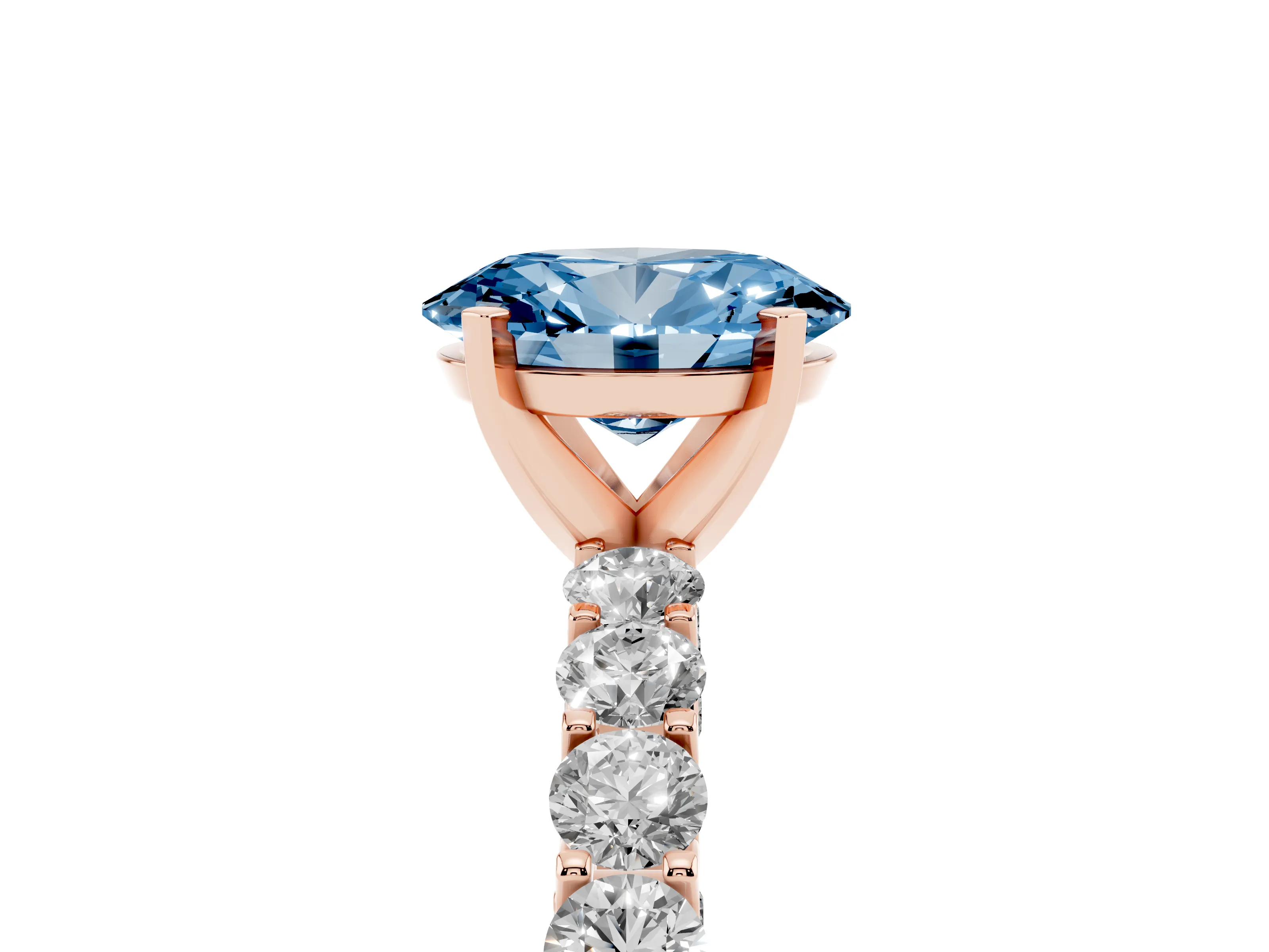 Fancy Blue Oval Cut Diamond Solitaire Ring Set in Rose gold with Shared Prong Pavé Band