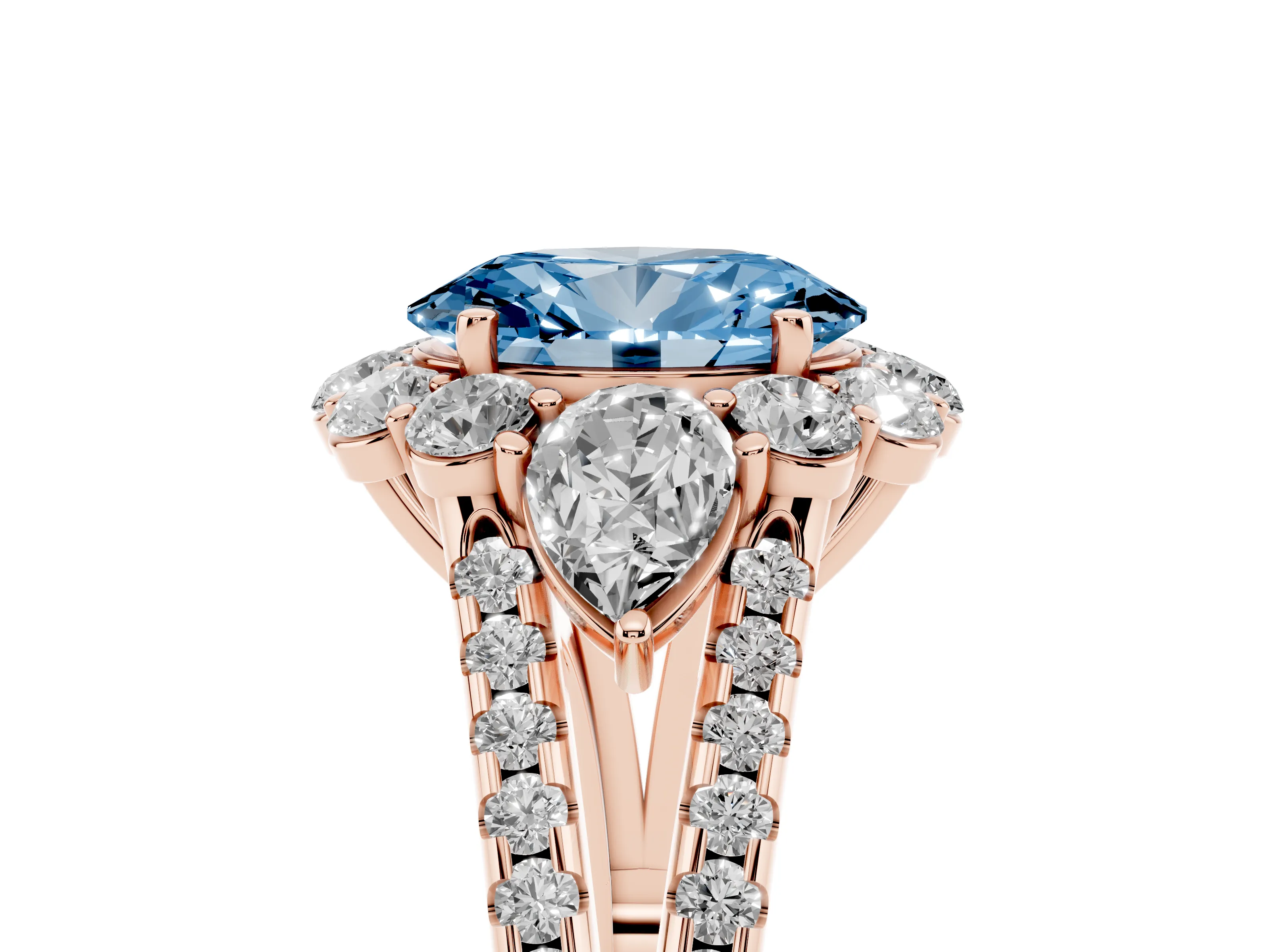 Fancy Blue Oval Cut Diamond Halo Split Shank Engagement Ring Set in Rose gold with Prong-Held Center Stone