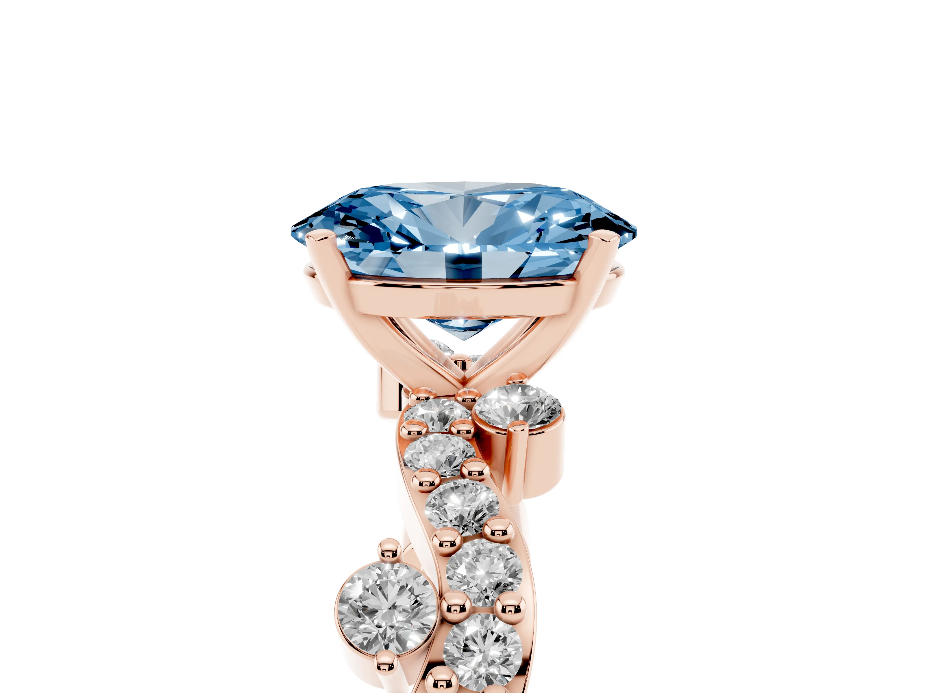 Fancy Blue Oval Cut Diamond Solitaire Twisted Band Set in Rose gold with Pavé Setting