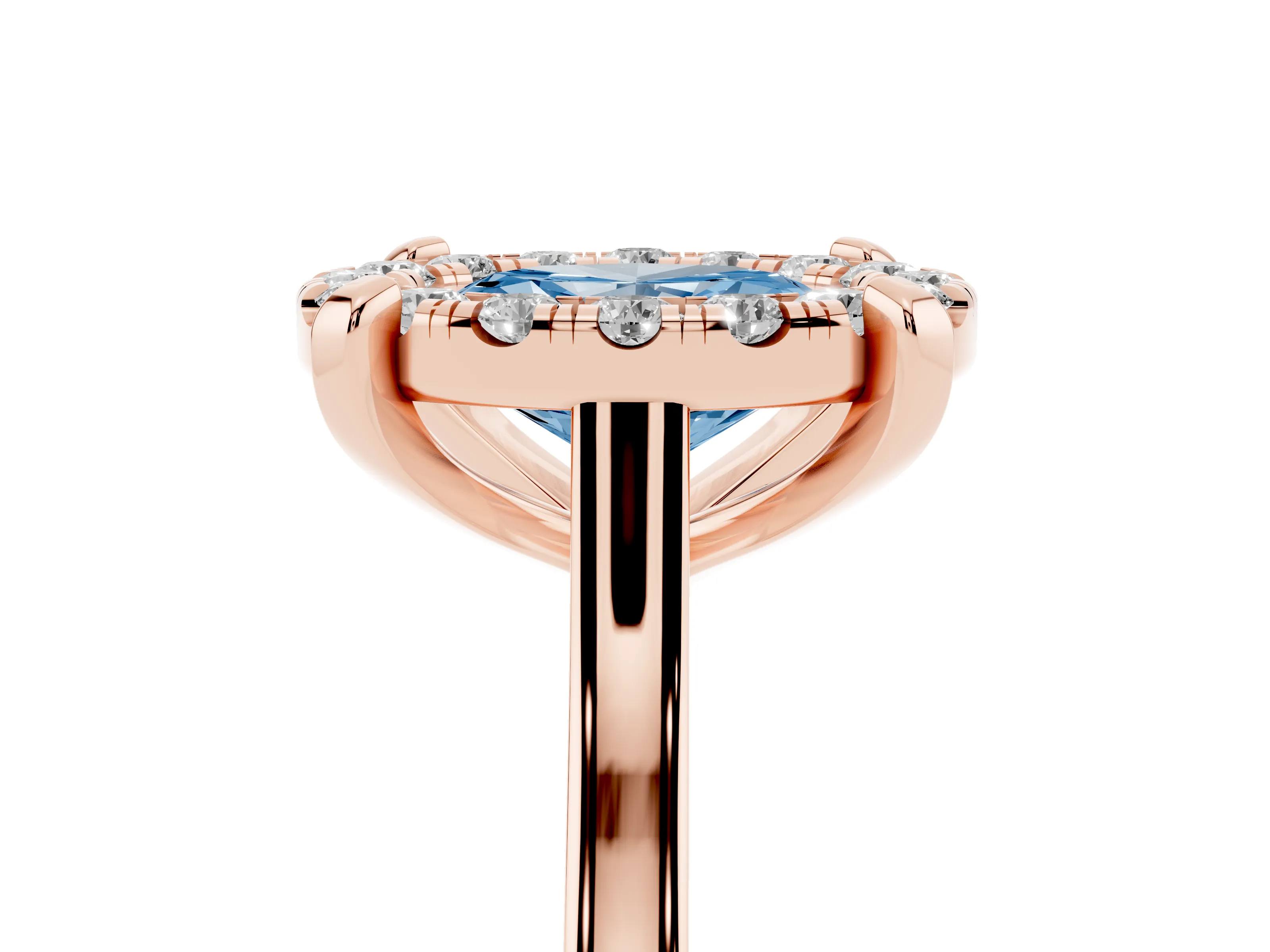 Fancy Blue Oval Cut Diamond Cluster Halo Solitaire Ring Set in Rose gold with Prong Setting