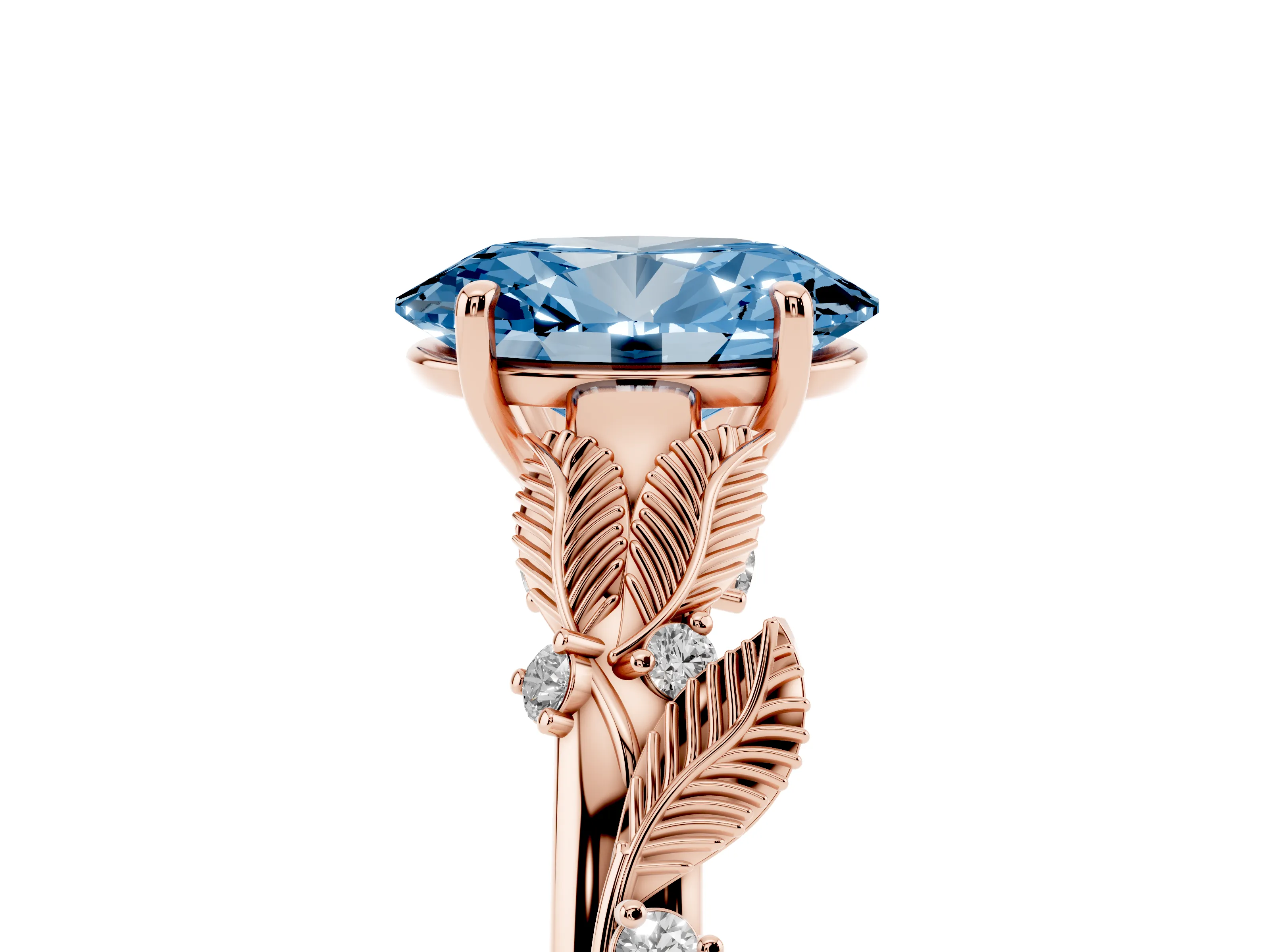 Fancy Blue Oval Cut Diamond Solitaire Ring Set in Rose gold with Leaf Motif Band