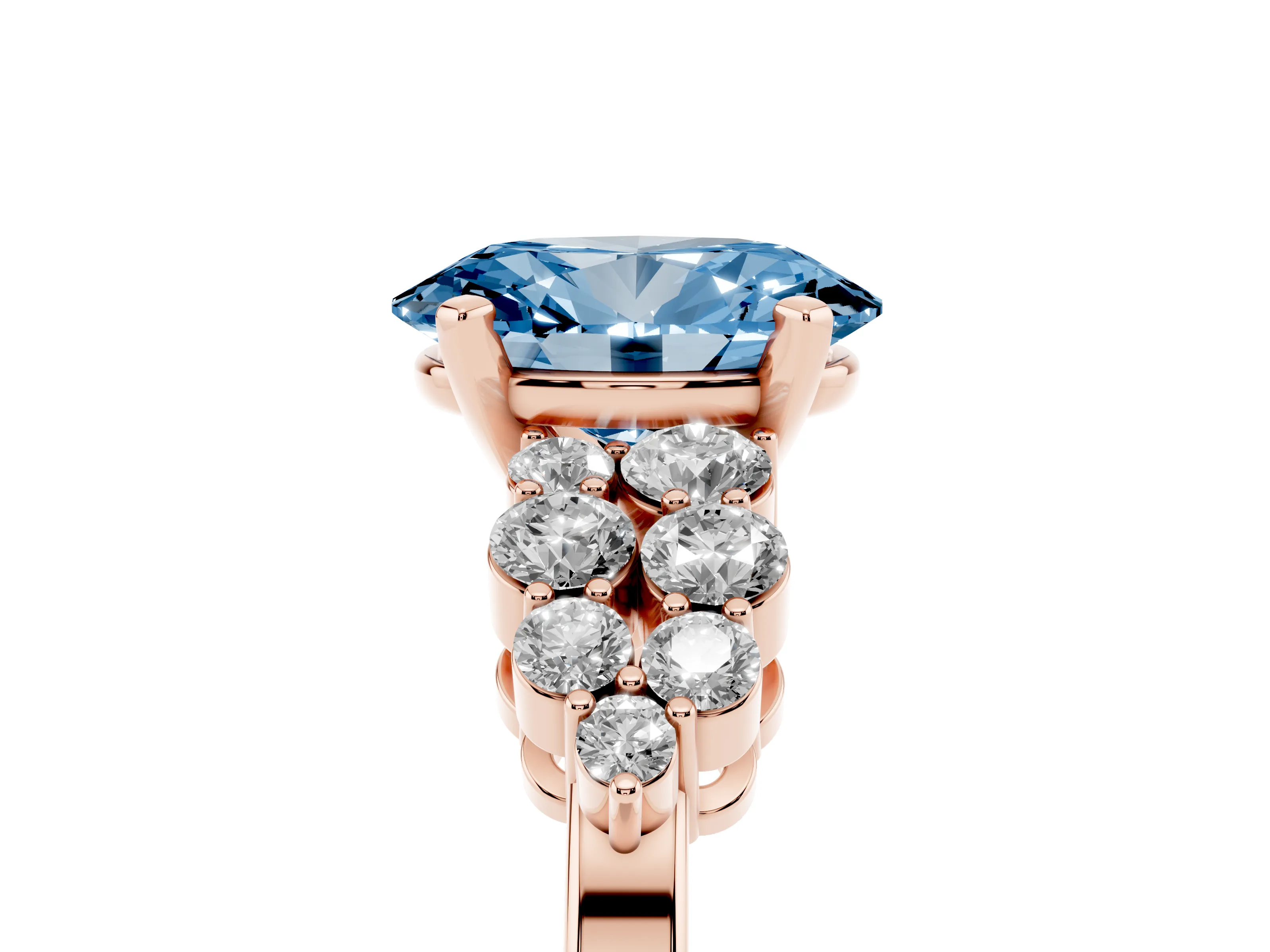 Fancy Blue Oval Cut Diamond Cluster Engagement Ring Set in Rose gold with Pavé Band and Prong Setting