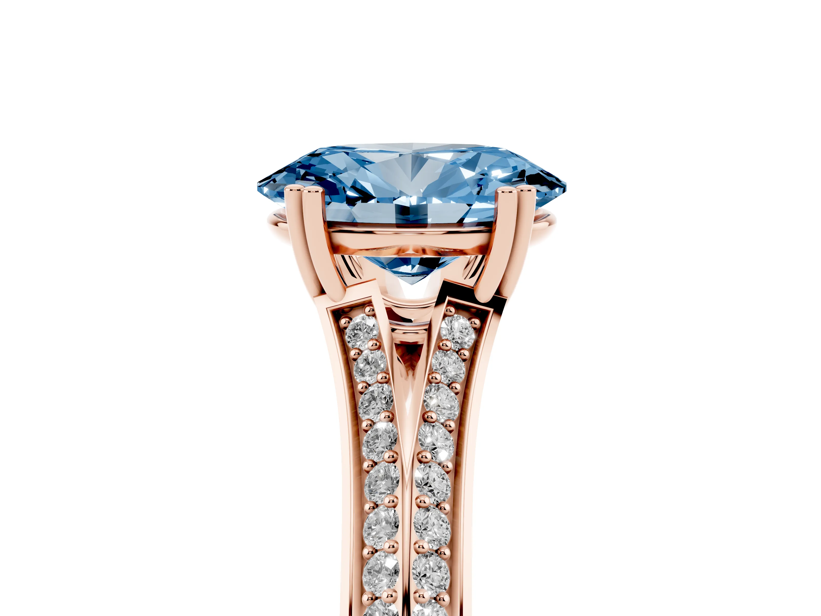 Fancy Blue Oval Cut Diamond Split Shank Pavé Engagement Ring Set in Rose gold with Prong-Set Center Stone