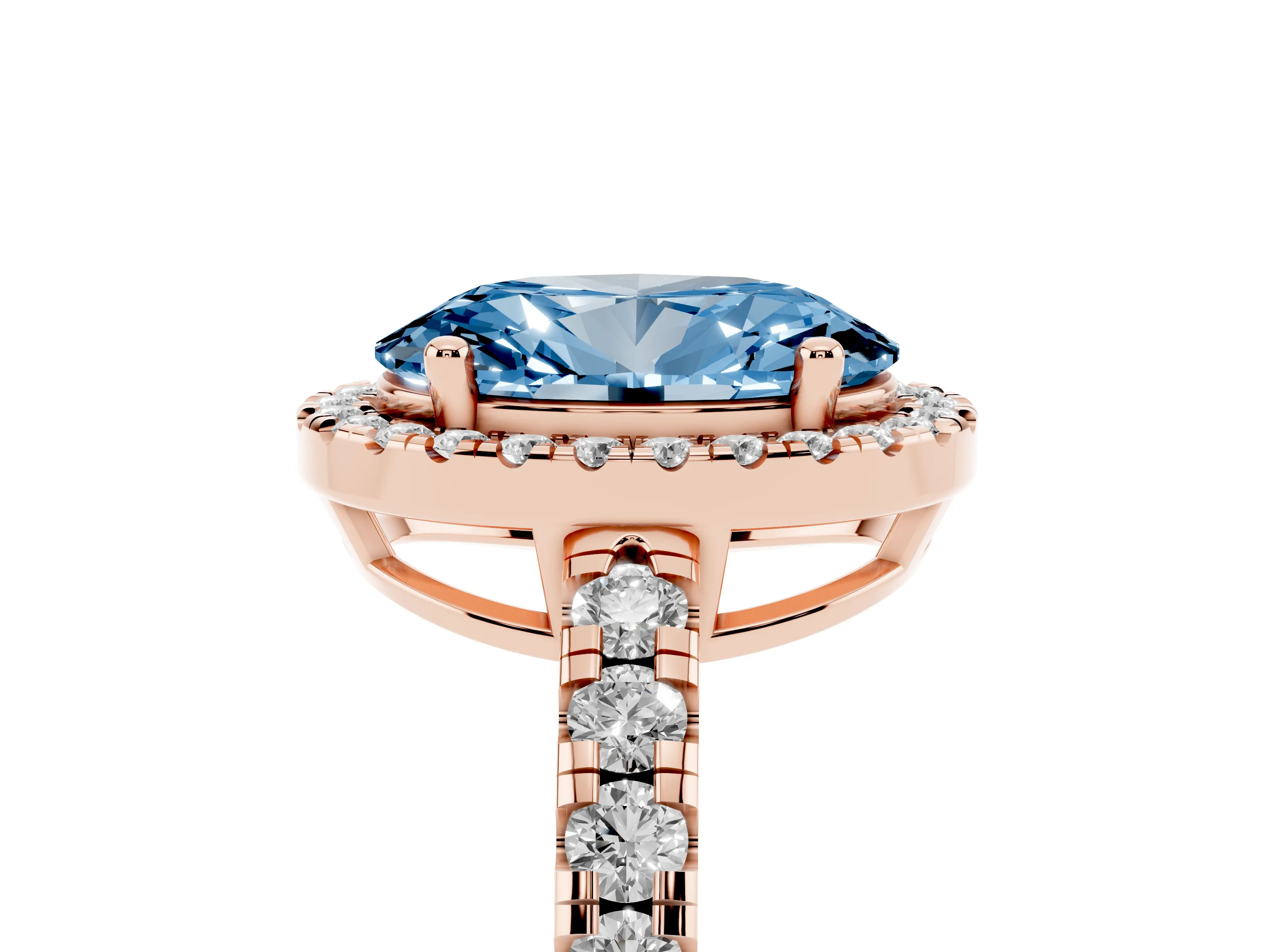 Fancy Blue Oval Cut Diamond Halo Ring Set in Rose gold with Delicate Pavé Band and Prong Setting