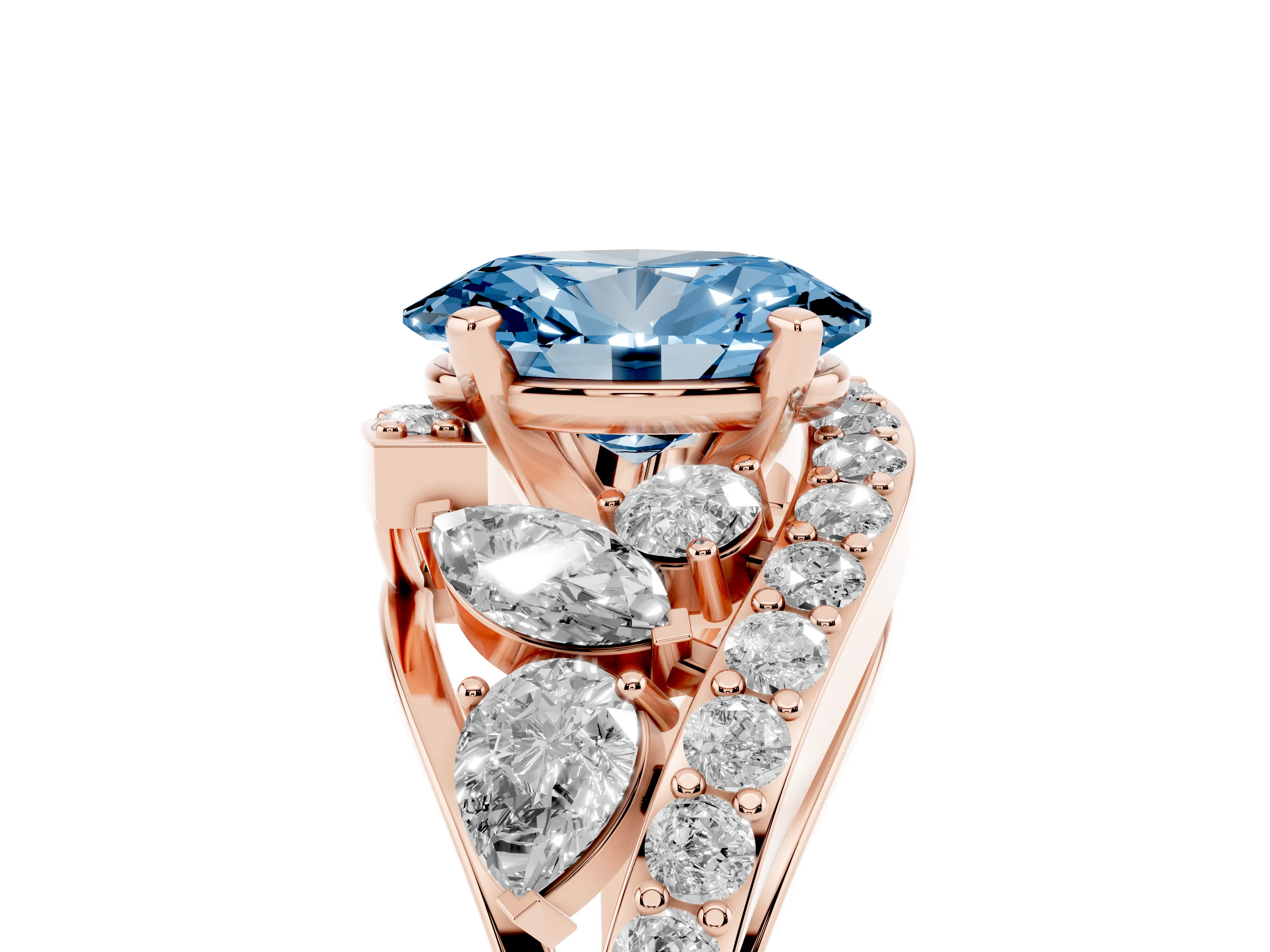 Fancy Blue Oval Cut Diamond Halo Ring Set in Rose gold with Marquise and Pavé Band in Prong Setting