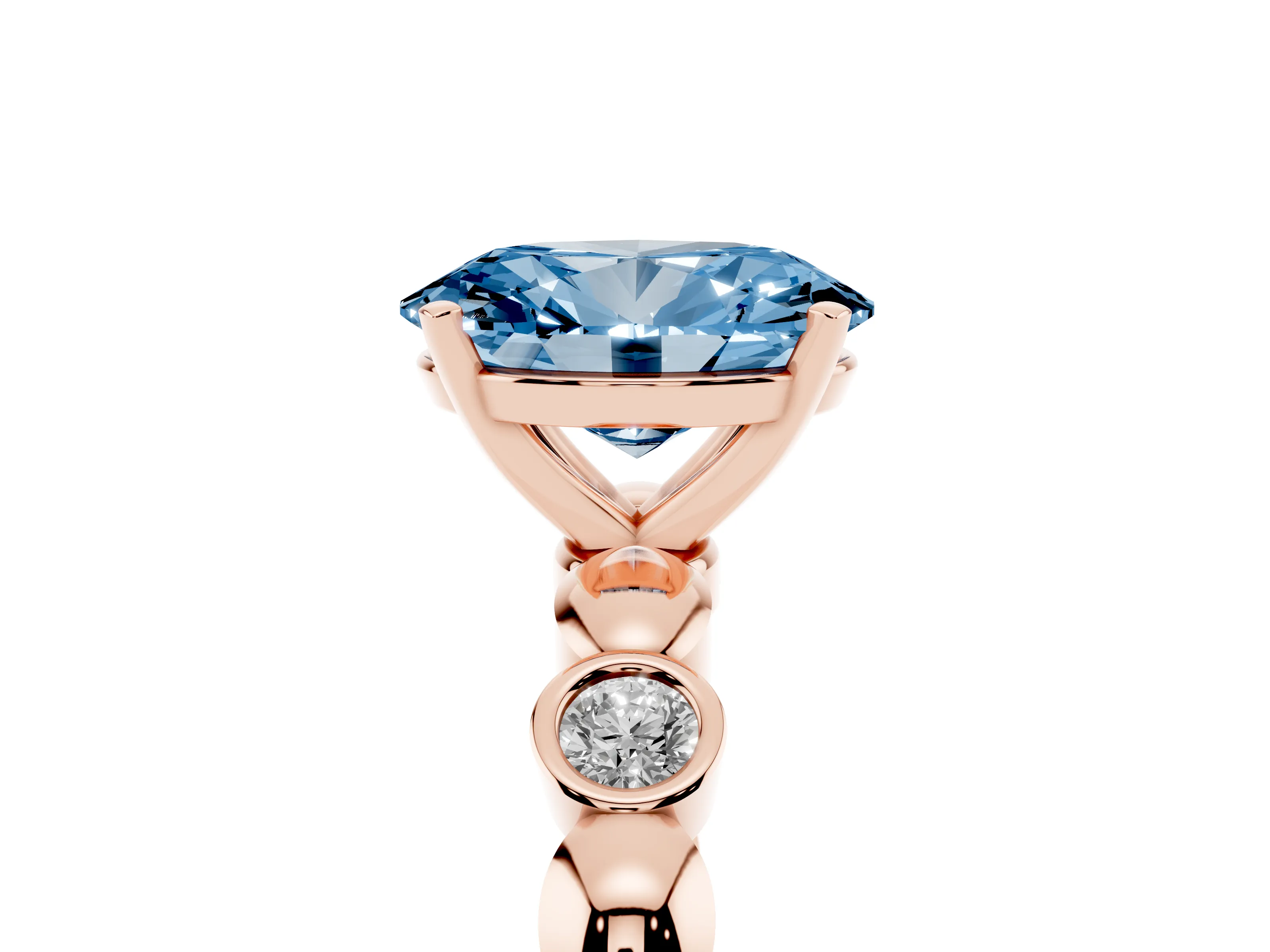 Fancy Blue Oval Cut Diamond Solitaire Ring Set in Rose gold with Bezel-Set Accents on Beaded Band and Prong Setting