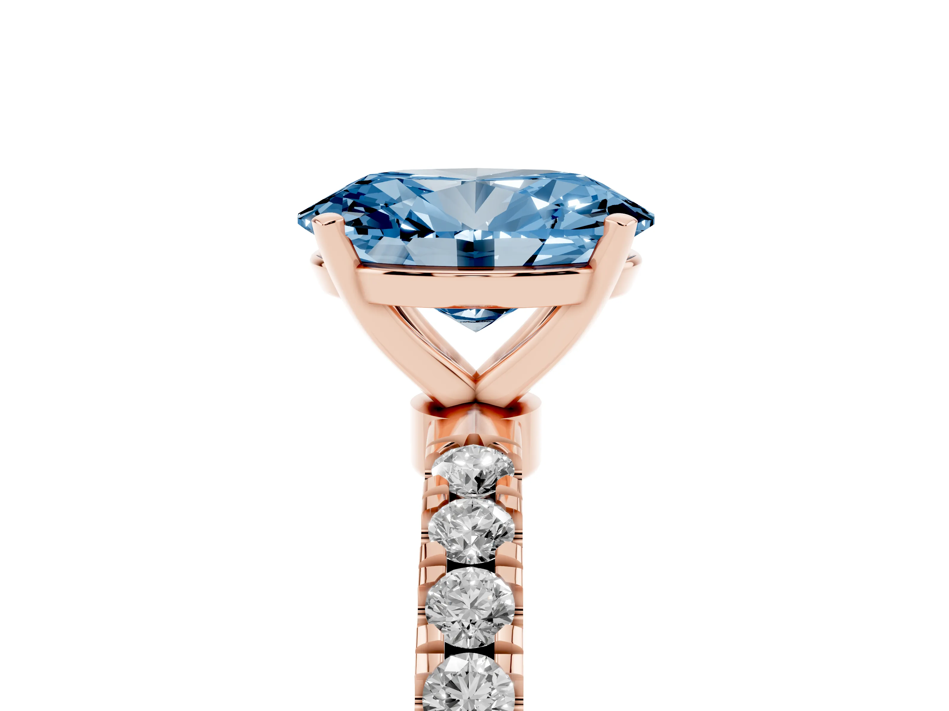 Fancy Blue Oval Cut Diamond Solitaire Ring Set in Rose gold with Pavé Accents and Prong Setting