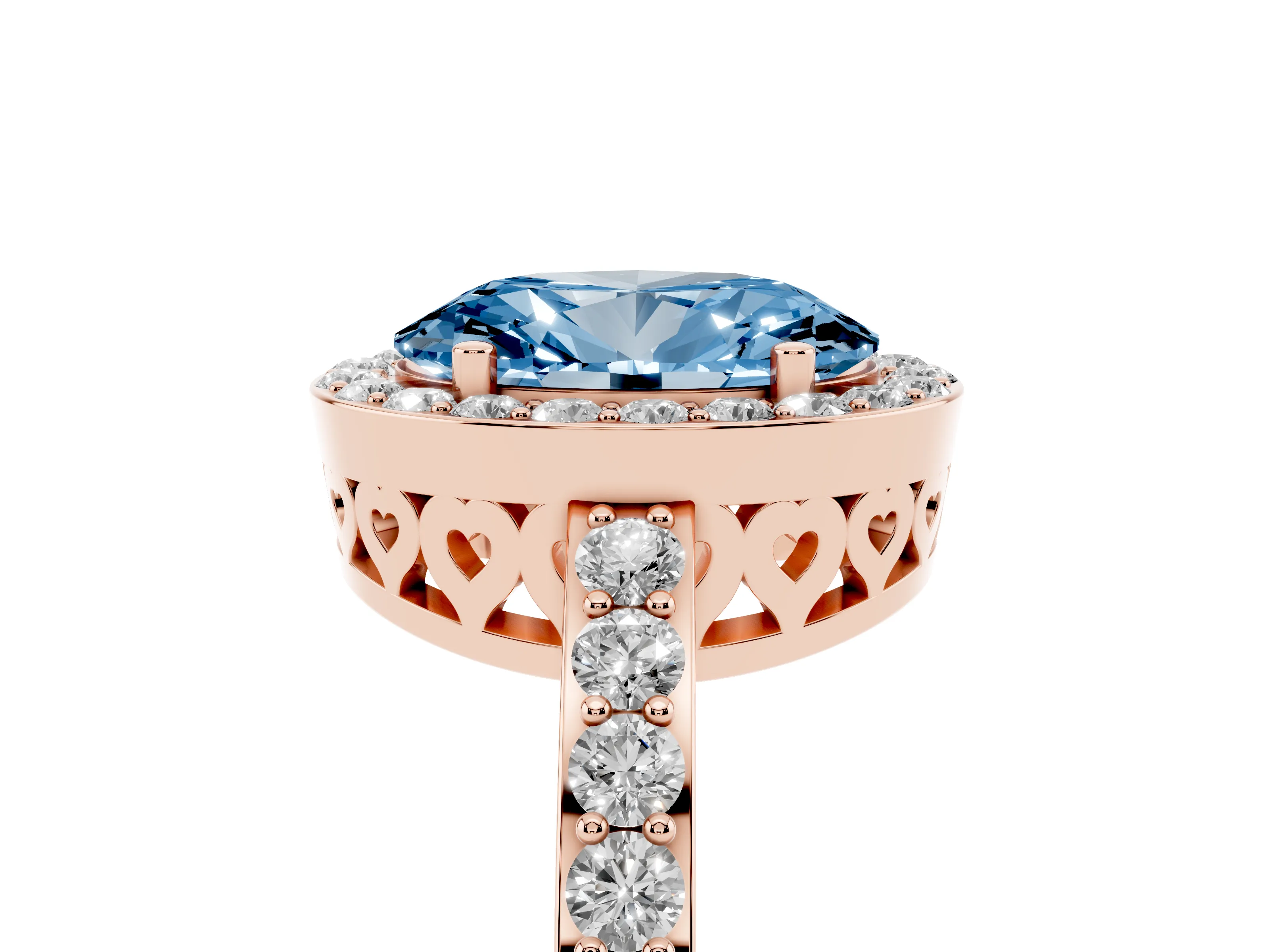 Fancy Blue Oval Cut Diamond Halo Ring Set in Rose gold with Pavé-Setting Band and Open Prong Center