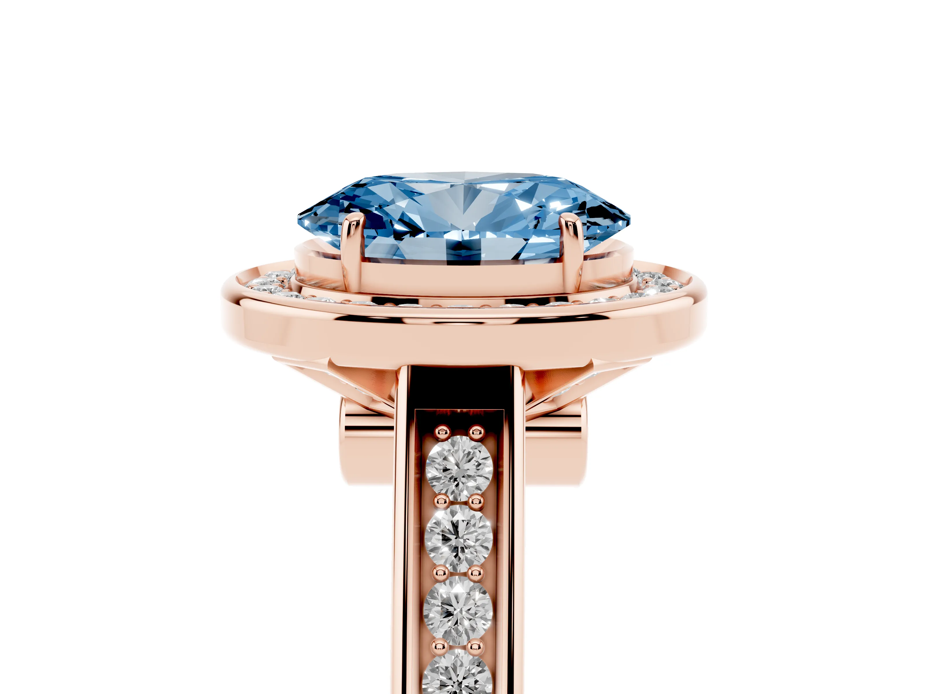 Fancy Blue Oval Cut Diamond Halo Solitaire Ring Set in Rose gold with Pavé Band and Bezel Setting