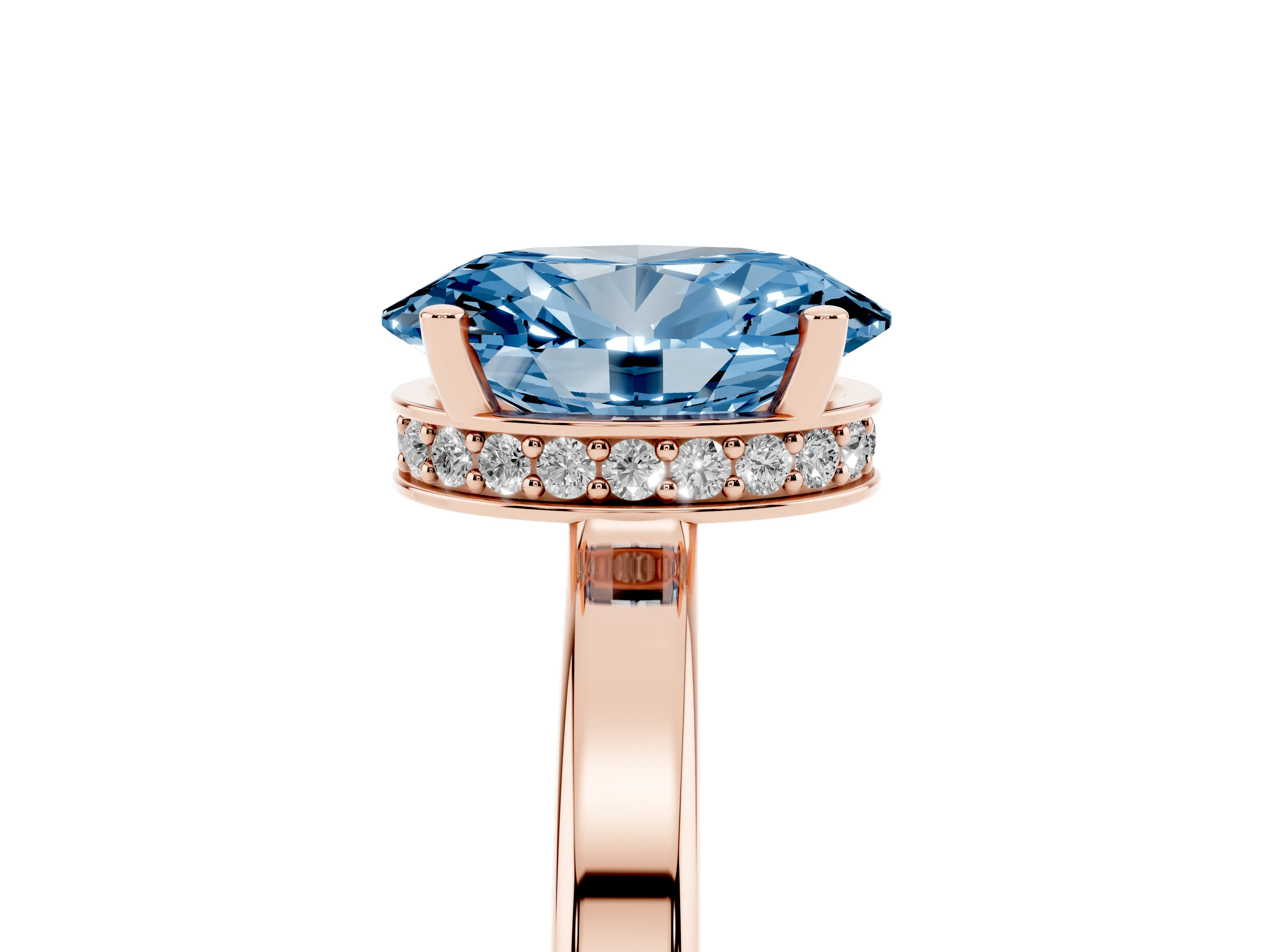 Fancy Blue Oval Cut Diamond Solitaire Engagement Ring Set in Rose gold with Prong Setting on a Plain Band