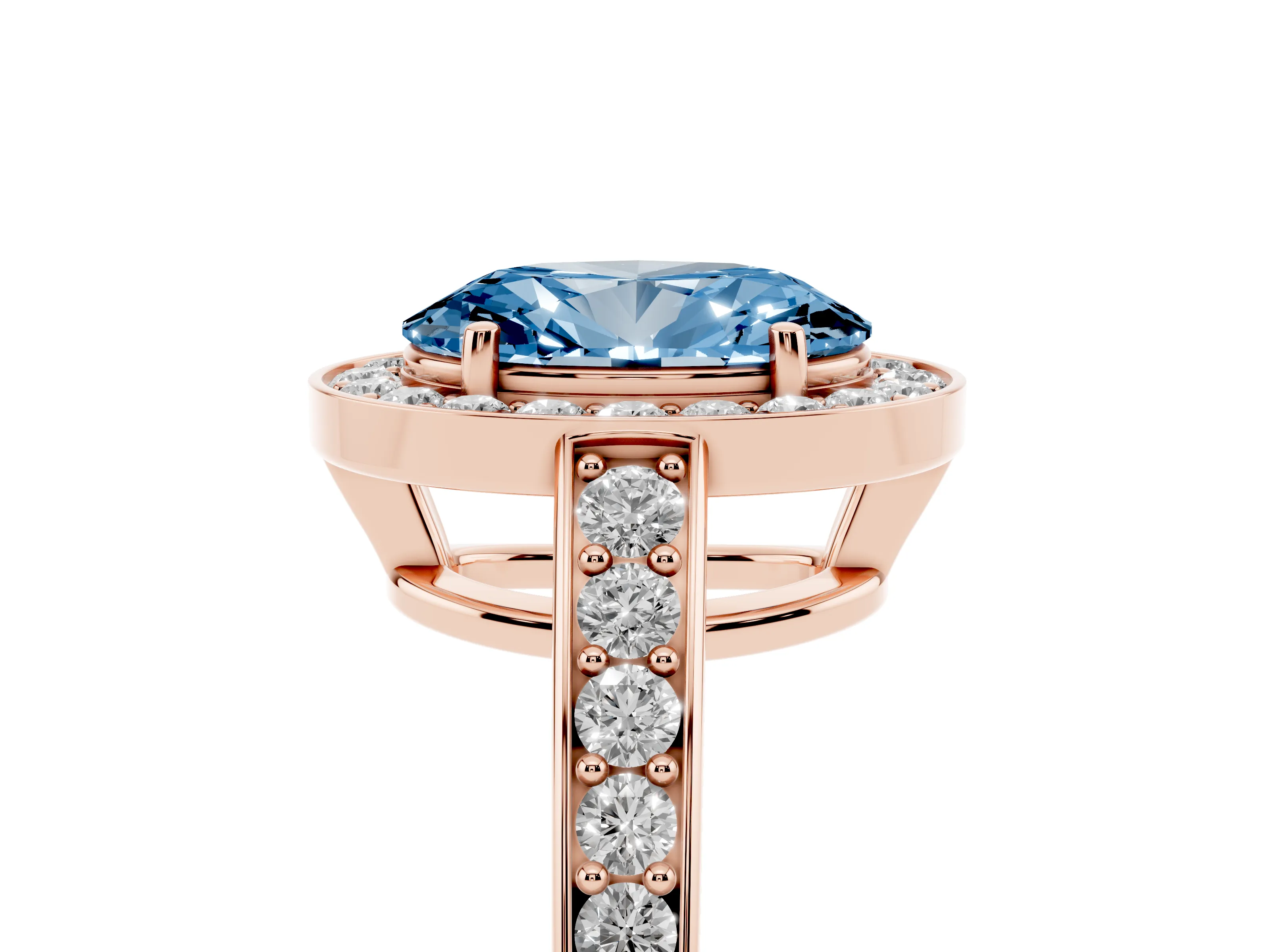 Fancy Blue Oval Cut Diamond Halo Pavé Engagement Ring Set in Rose gold with Bezel Setting