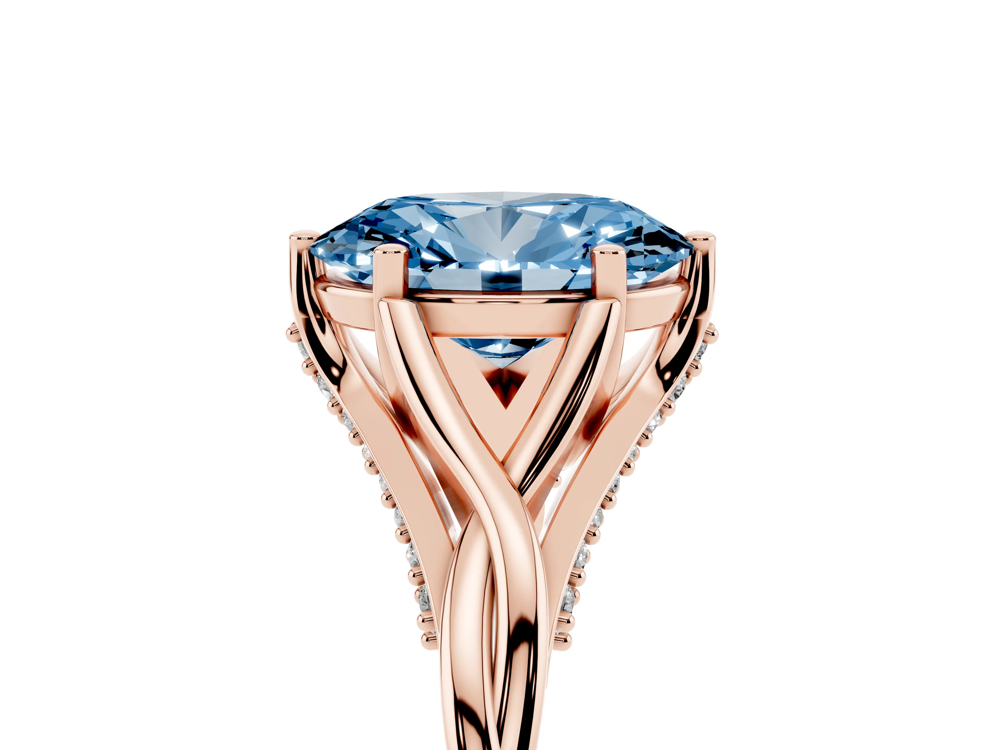 Fancy Blue Oval Cut Diamond Intertwined Twist Band Solitaire Ring Set in Rose gold with Prong Setting