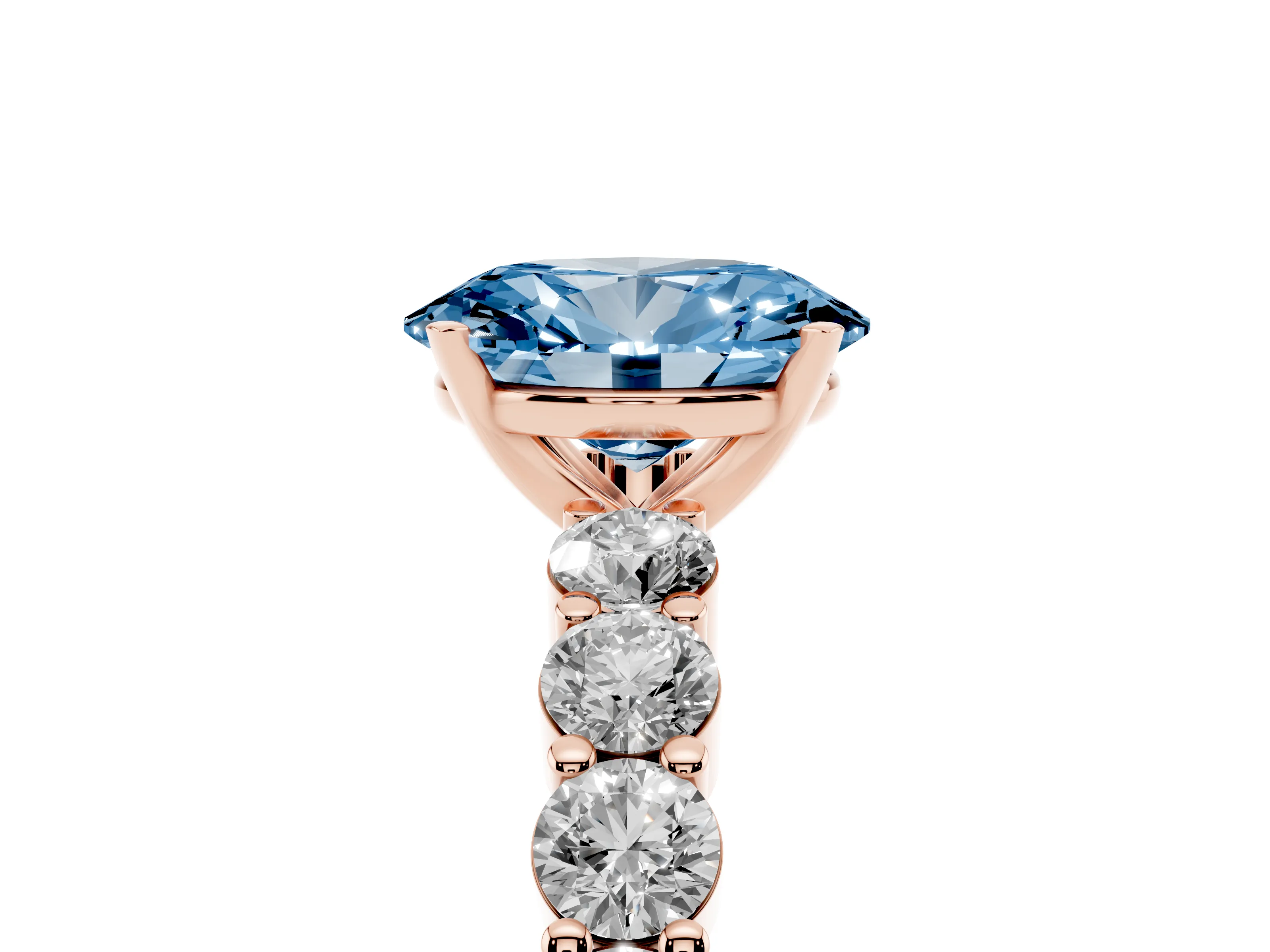 Fancy Blue Oval Cut Diamond Solitaire Ring Set in Rose gold with Shared Prong Round Side Stones
