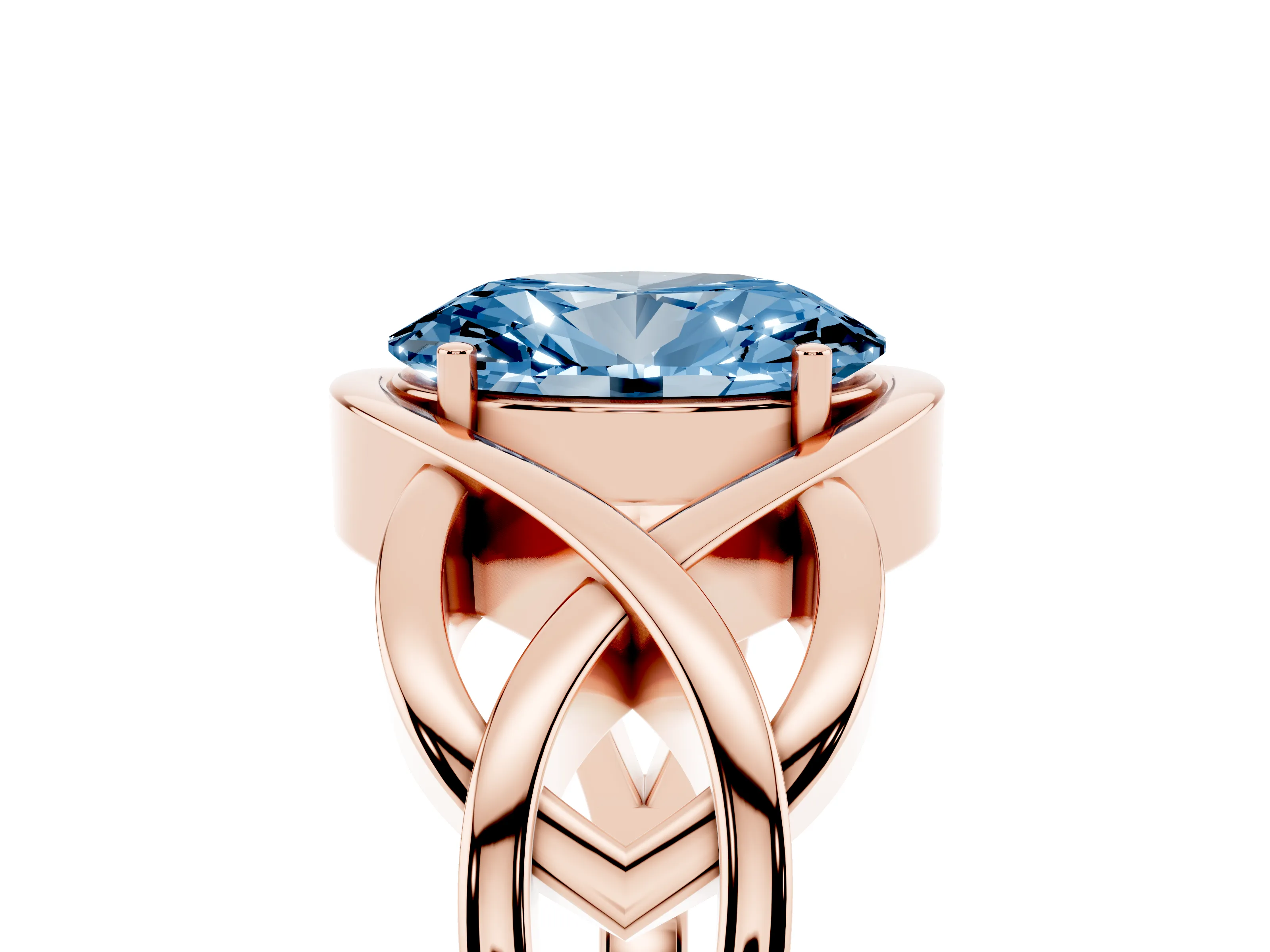 Fancy Blue Oval Cut Diamond Solitaire Ring Set in Rose gold with Intertwined Band