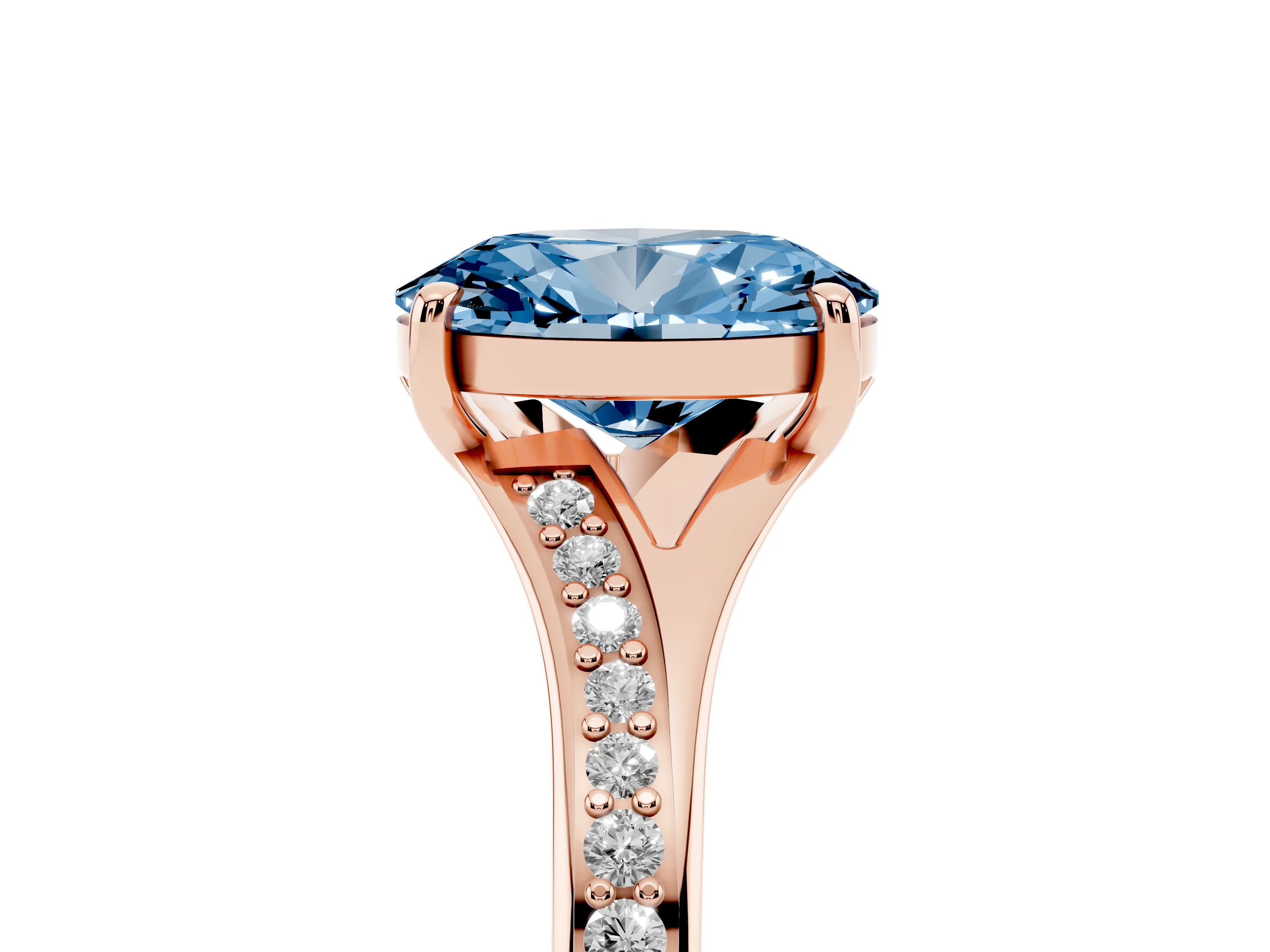 Fancy Blue Oval Cut Diamond Solitaire Ring Set in Rose gold with Pavé Accent Band and Classic Prong Setting