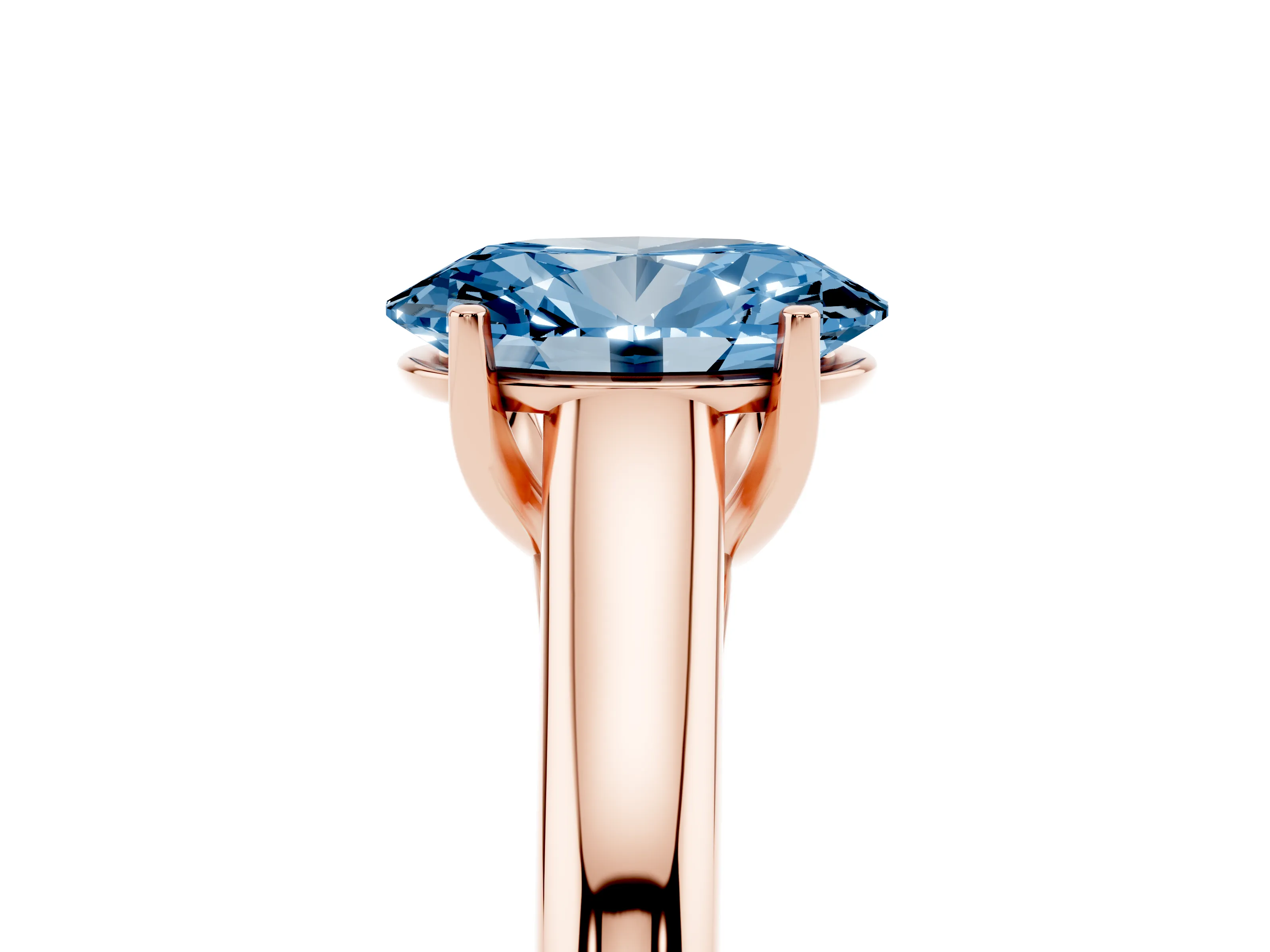 Fancy Blue Oval Cut Diamond Solitaire Engagement Ring Set in Rose gold with Subtly Tapered Band and Prong Setting