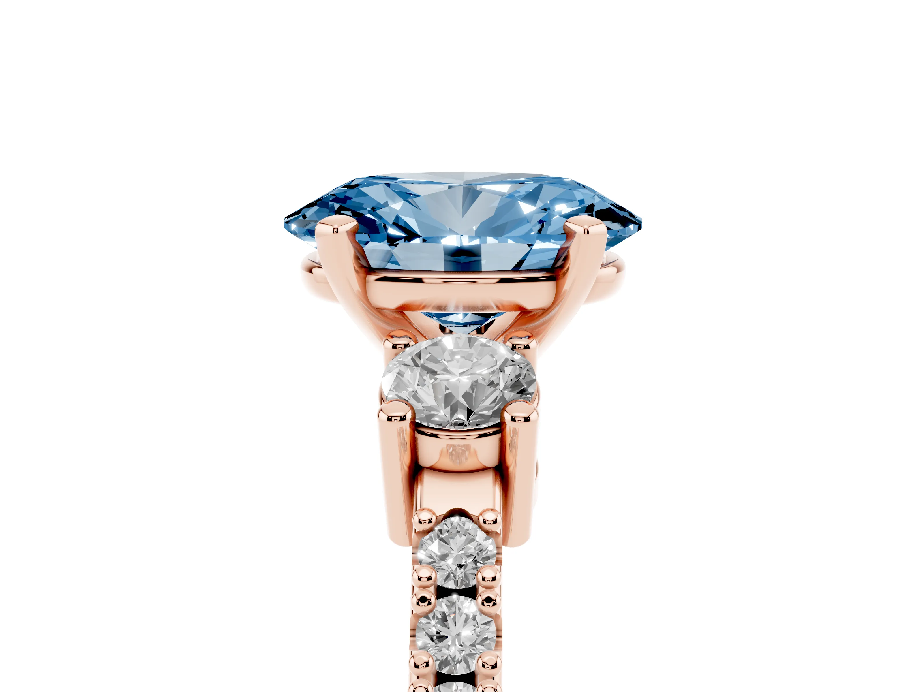Fancy Blue Three-Stone Oval Cut Diamond Pavé Band Ring Set in Rose gold with Prong Setting