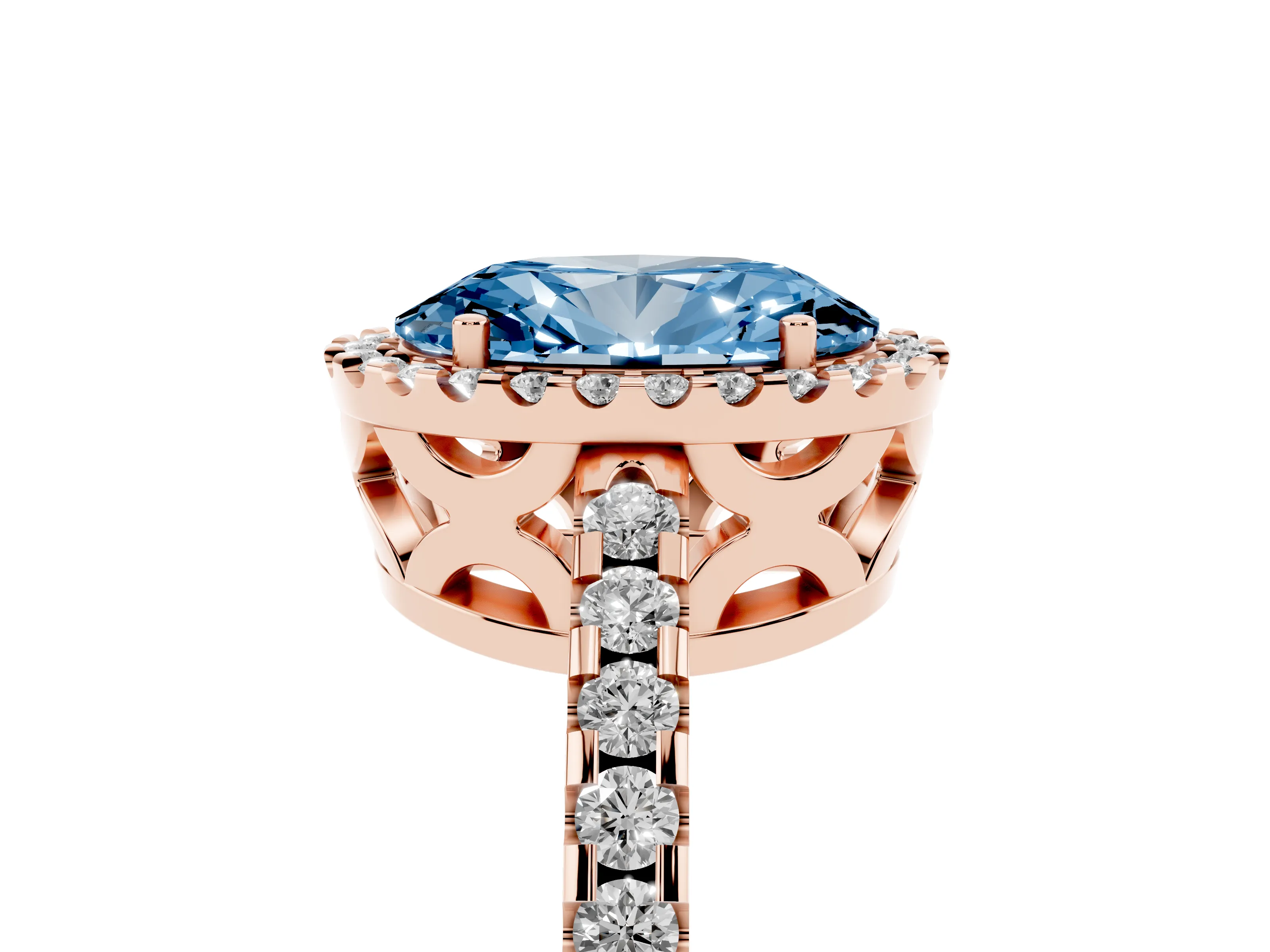 Fancy Blue Oval Cut Diamond Halo Ring Set in Rose gold with Pavé Shoulders and Halo-Framed Center