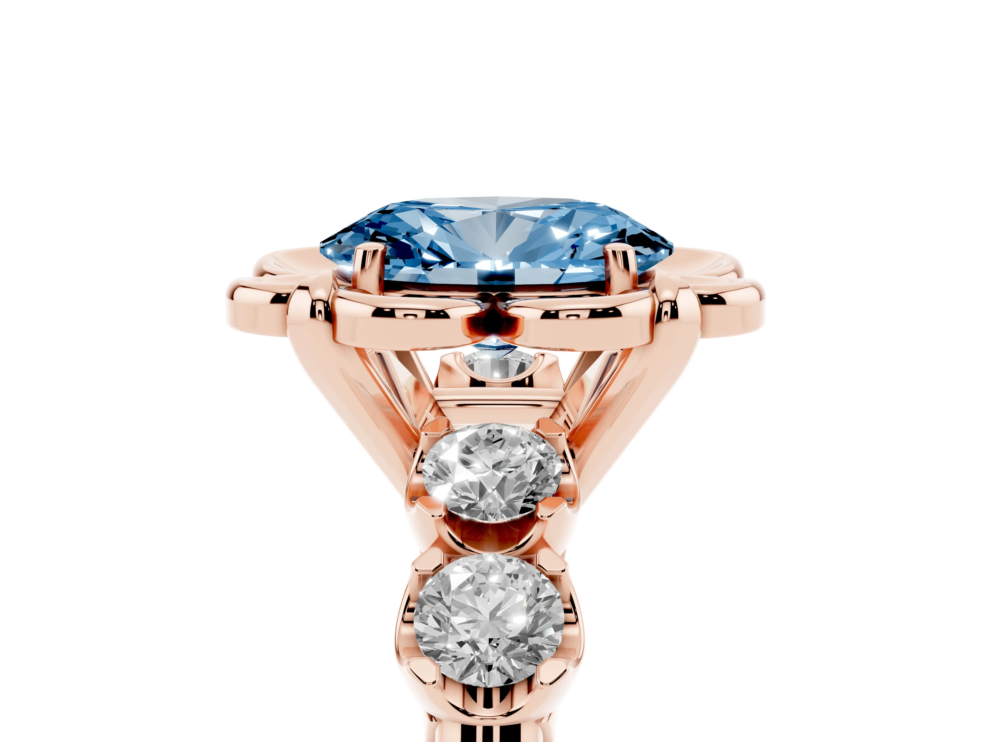 Fancy Blue Oval Cut Diamond Floral Halo Ring Set in Rose gold with Shared Prong Band