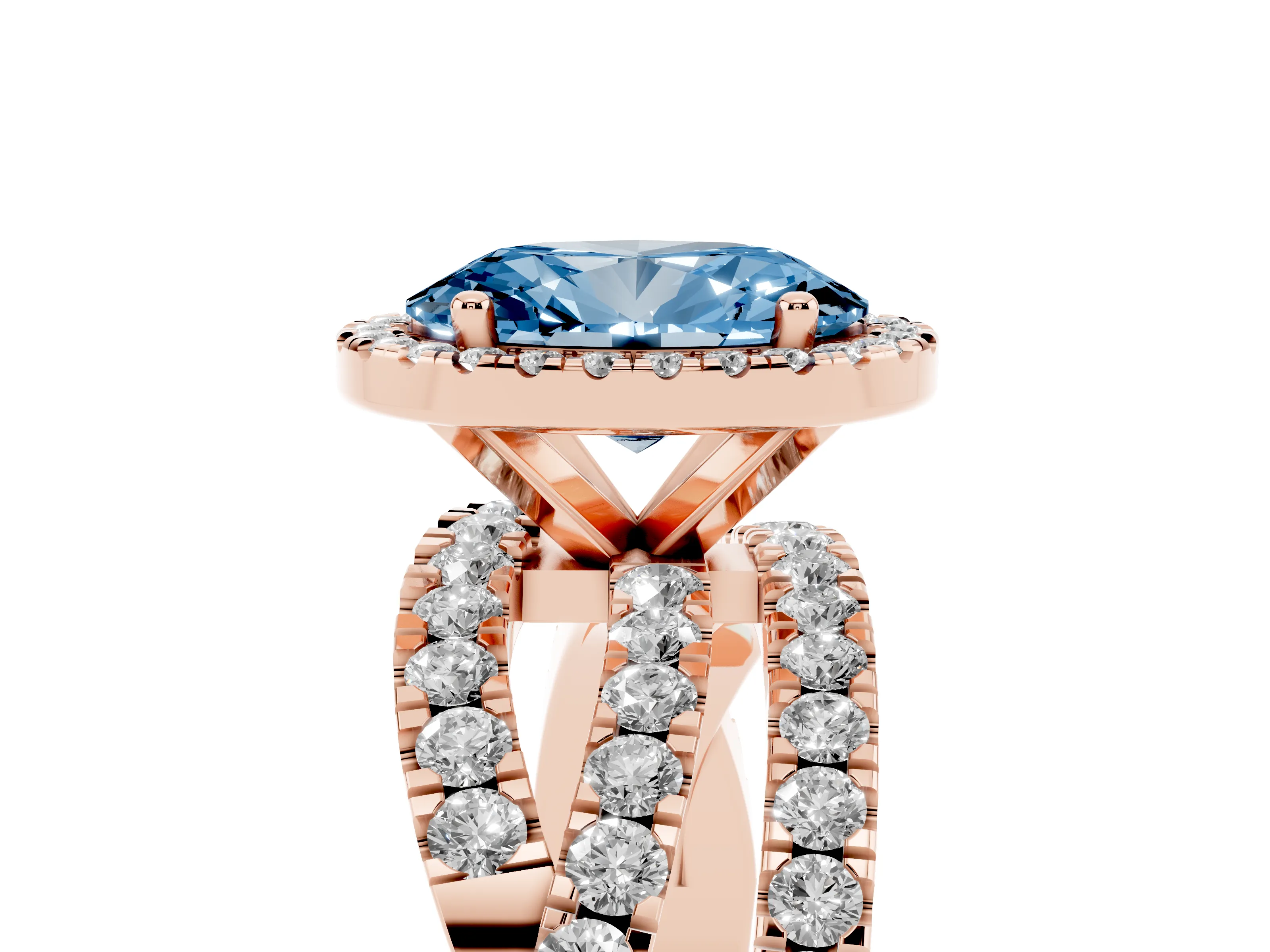 Fancy Blue Oval Cut Diamond Halo Ring Set in Rose gold with Round Crossover Split Shank and Prong Setting