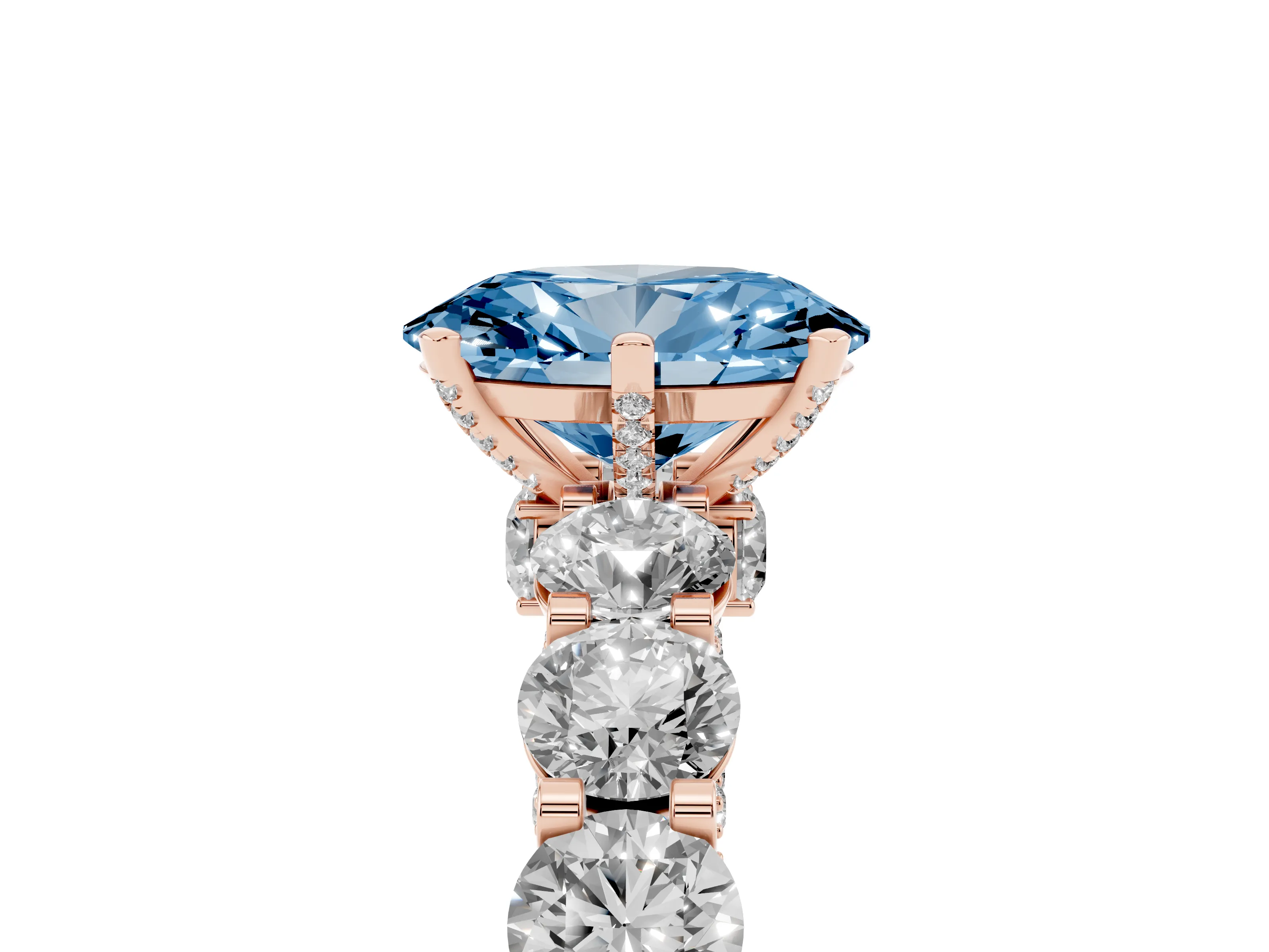 Fancy Blue Oval Cut Diamond Side Stone Ring Set in Rose gold with Alternating Round and Oval Side Stones