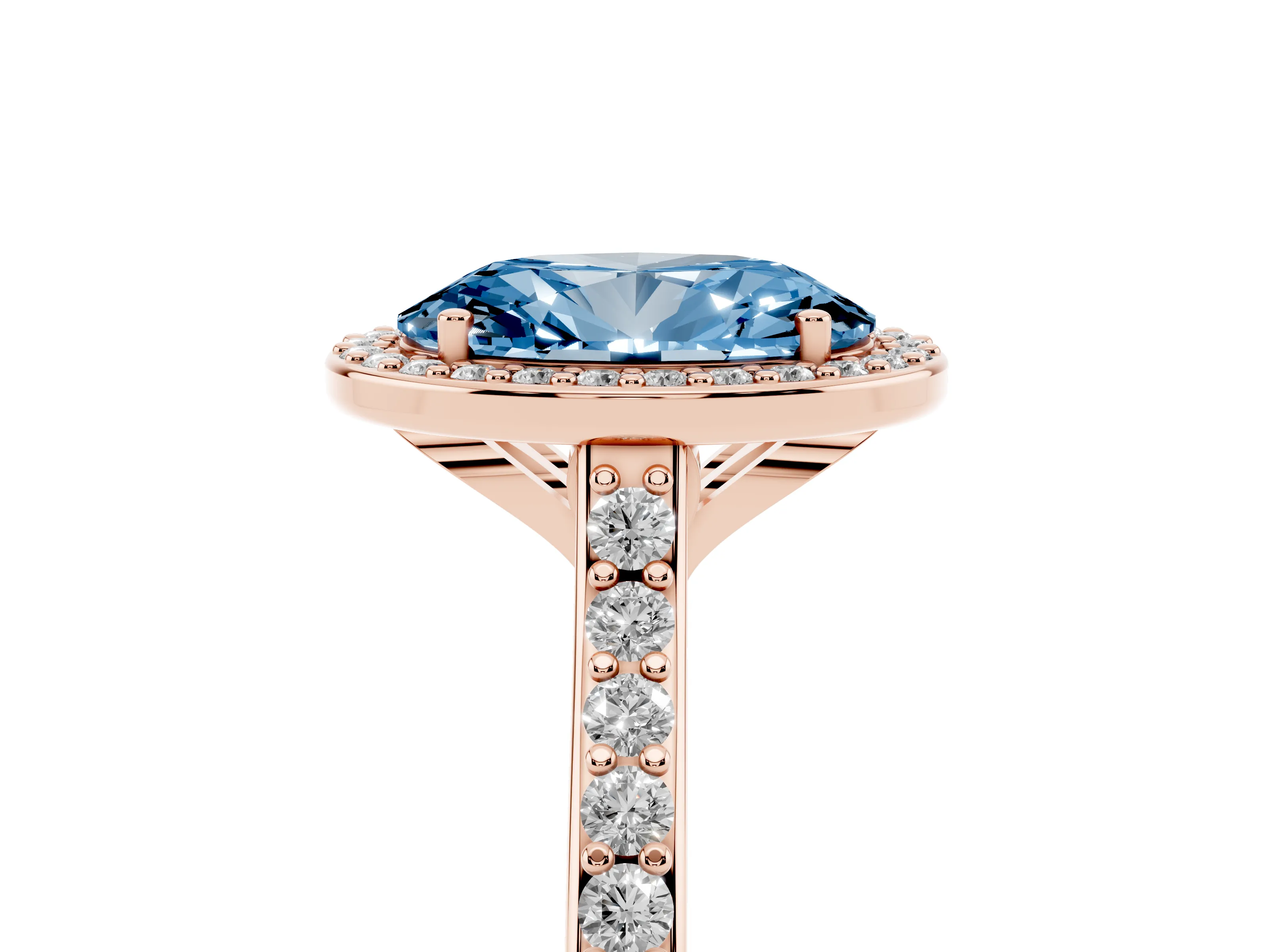 Fancy Blue Oval Cut Diamond Halo Engagement Ring Set in Rose gold with Round Pavé Shoulders and Heart Gallery
