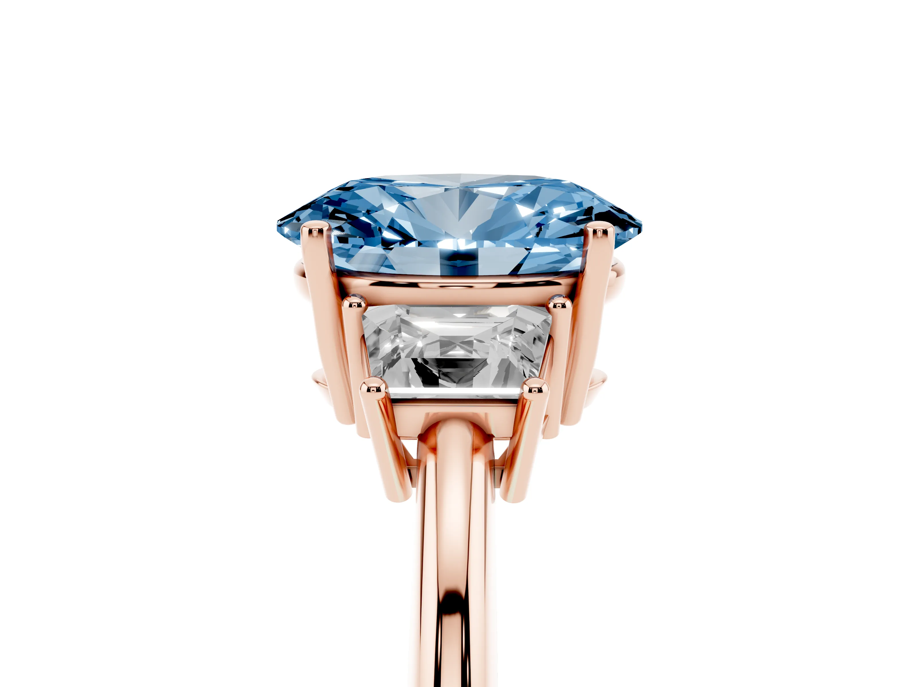 Fancy Blue Oval Cut Diamond Three-Stone Ring Set in Rose gold with Trapezoid Side Stones and Prong Setting