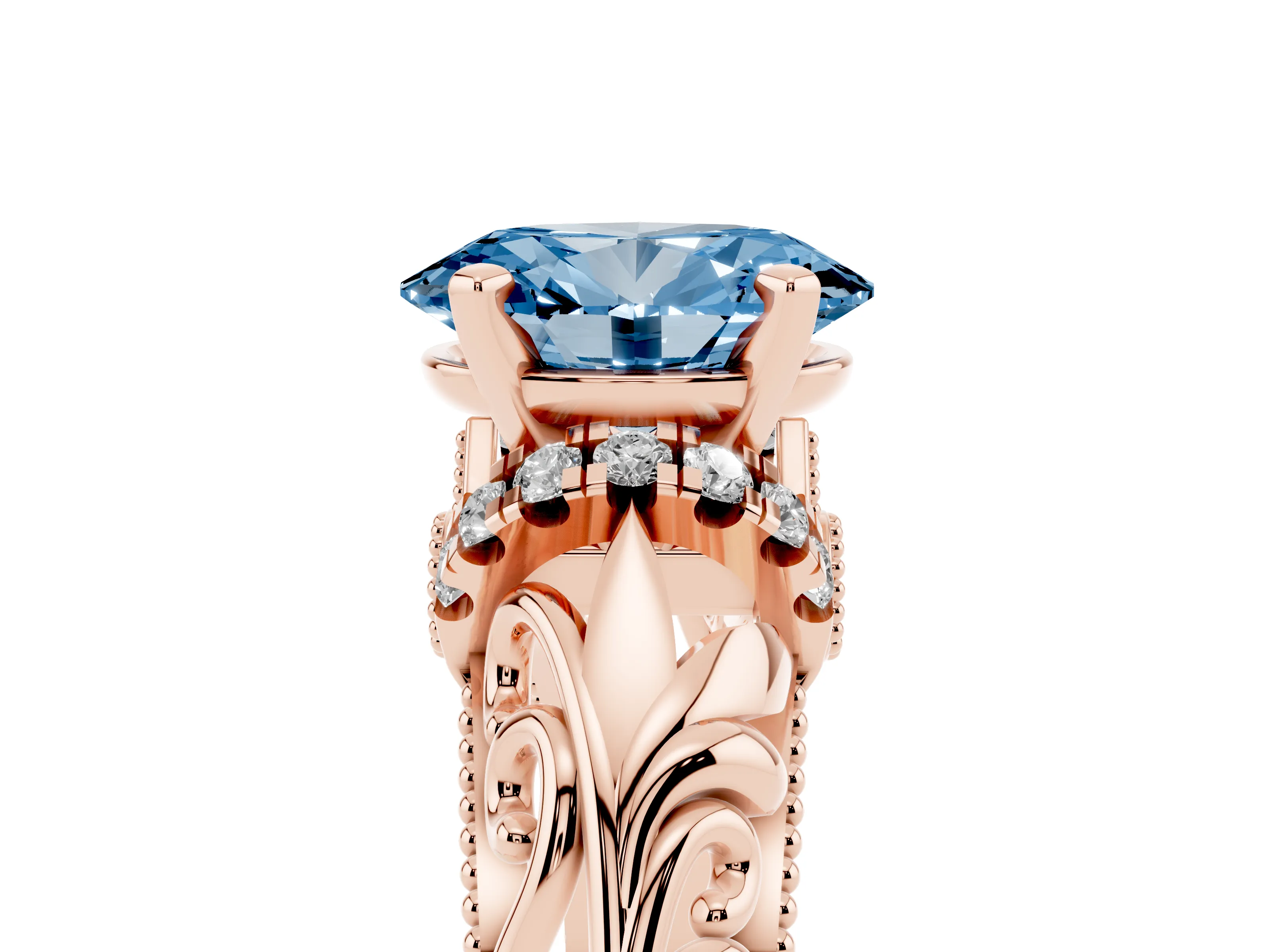 Fancy Blue Oval Cut Diamond Filigree Halo Engagement Ring Set in Rose gold with Prong Setting