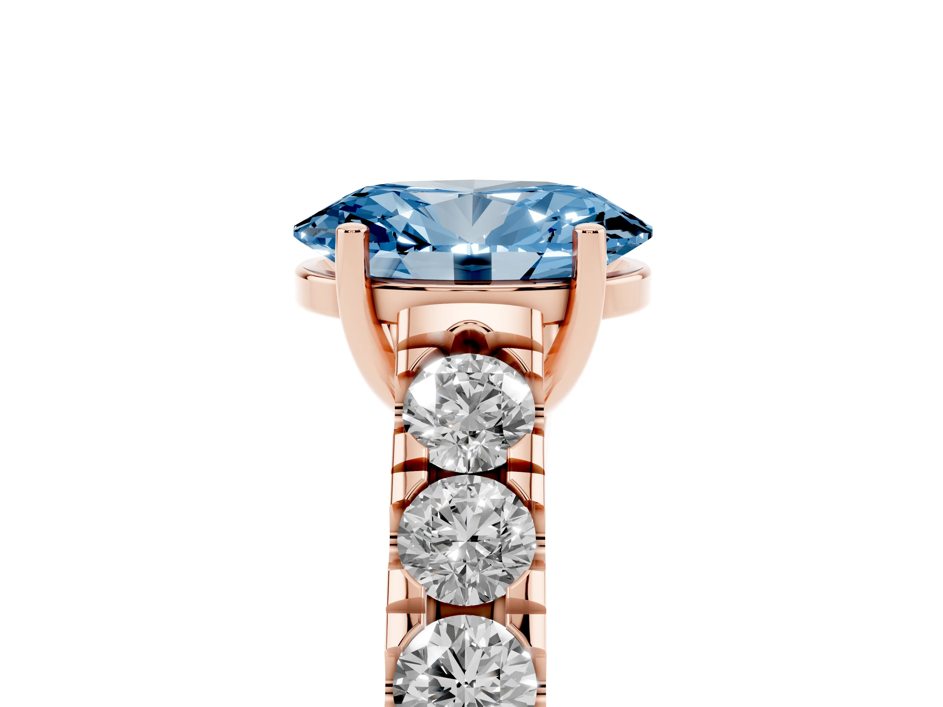 Fancy Blue Oval Cut Diamond Solitaire Ring Set in Rose gold with Cut-Down Micro Pavé Band and Prong Setting