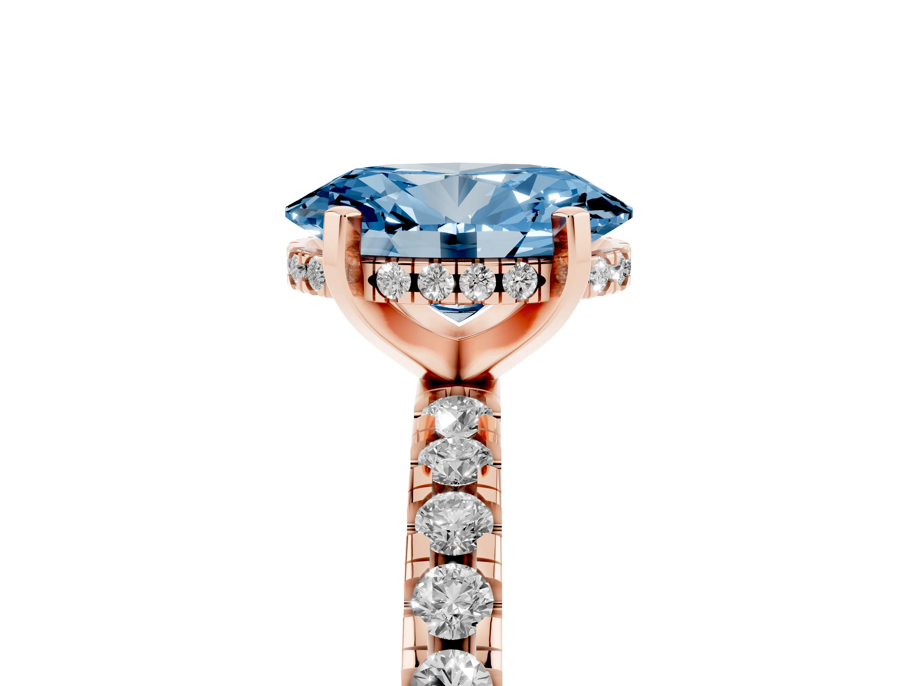 Fancy Blue Oval Cut Diamond Pavé Solitaire Ring Set in Rose gold with Round Band Accents and Prong Setting