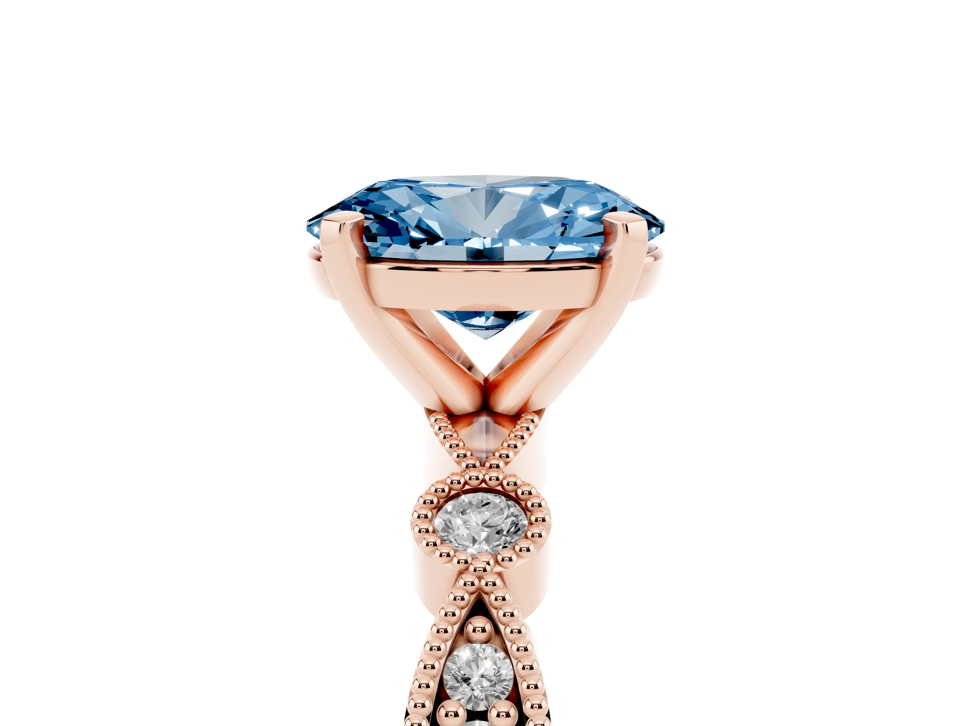 Fancy Blue Oval Cut Diamond Solitaire Engagement Ring Set in Rose gold with Milgrain Bezel Accent Band