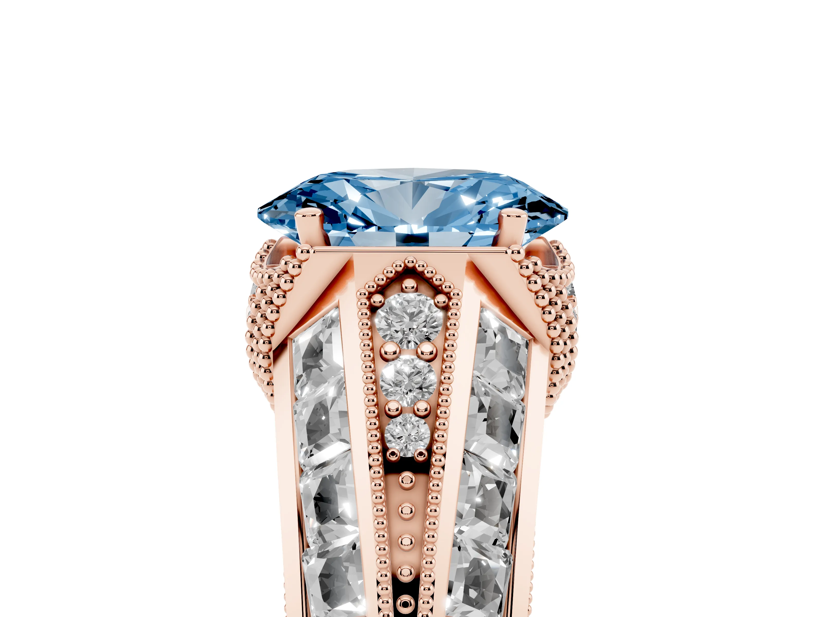 Fancy Blue Oval Cut Diamond Vintage-Inspired Milgrain Ring Set in Rose gold with Accent Split Shank