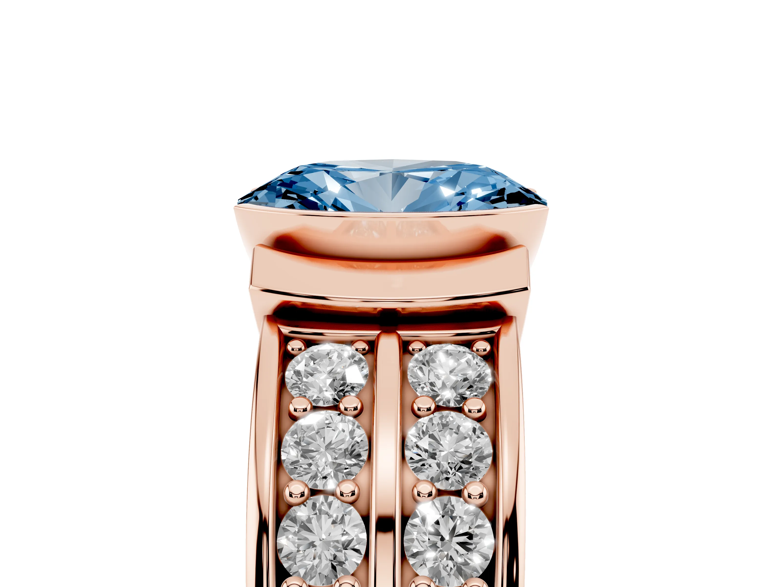 Fancy Blue Oval Cut Diamond Wide Channel Set Band Ring Set in Rose gold with Bezel Setting
