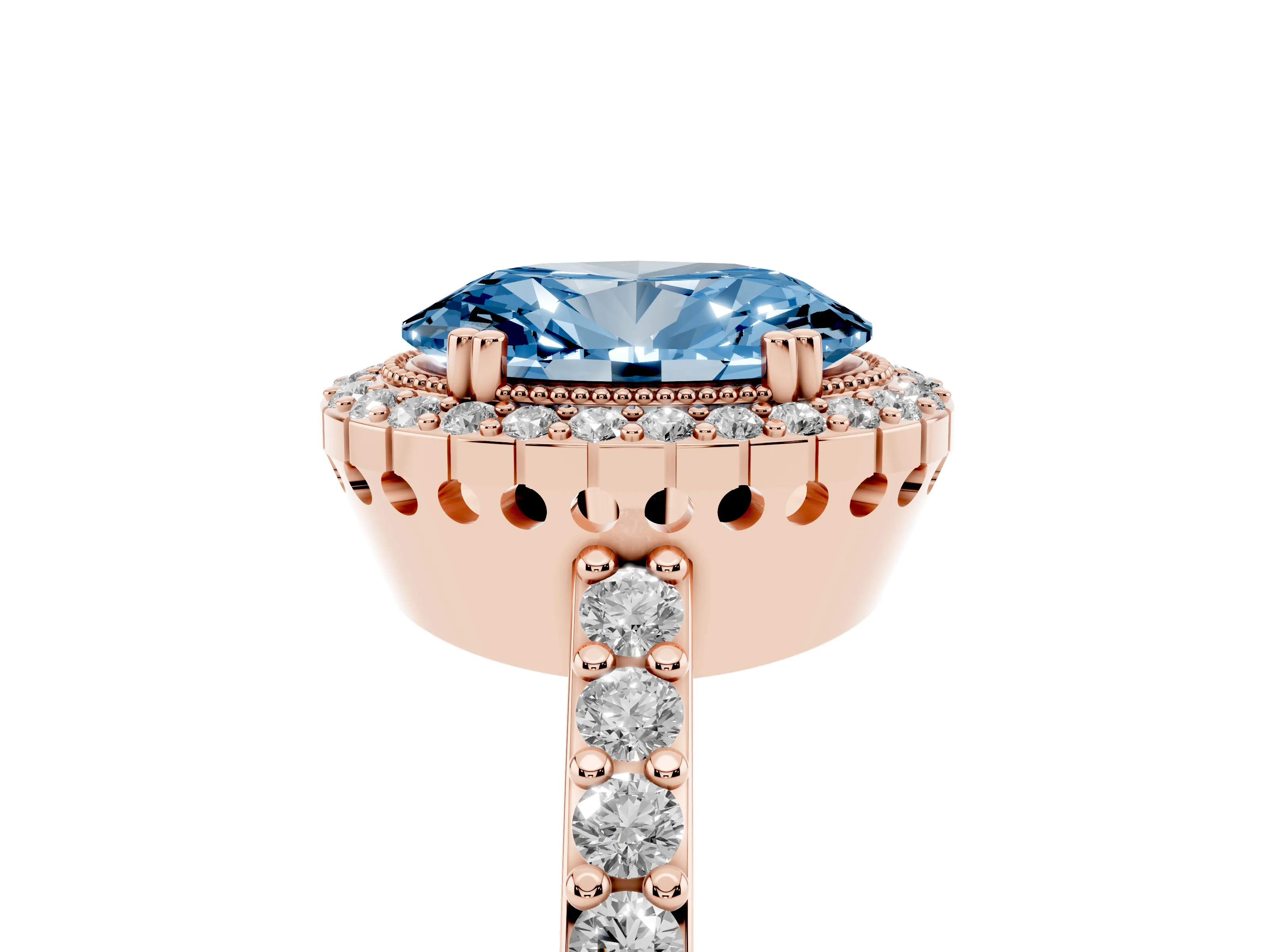 Fancy Blue Oval Cut Diamond Halo Engagement Ring Set in Rose gold with Milgrain Detail and Pavé Band