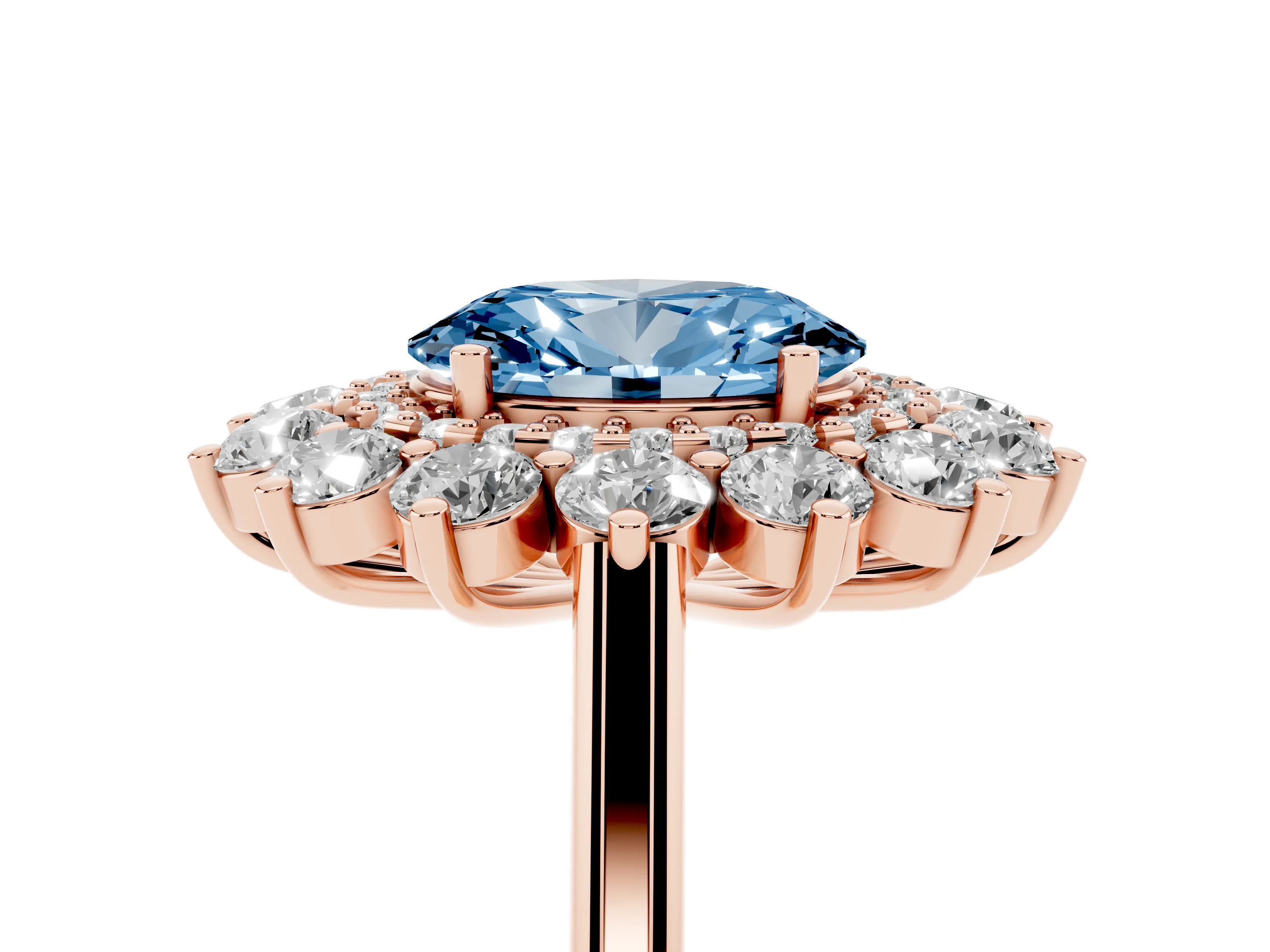 Fancy Blue Oval Cut Diamond Floral Double Halo Ring Set in Rose gold with Round Petals