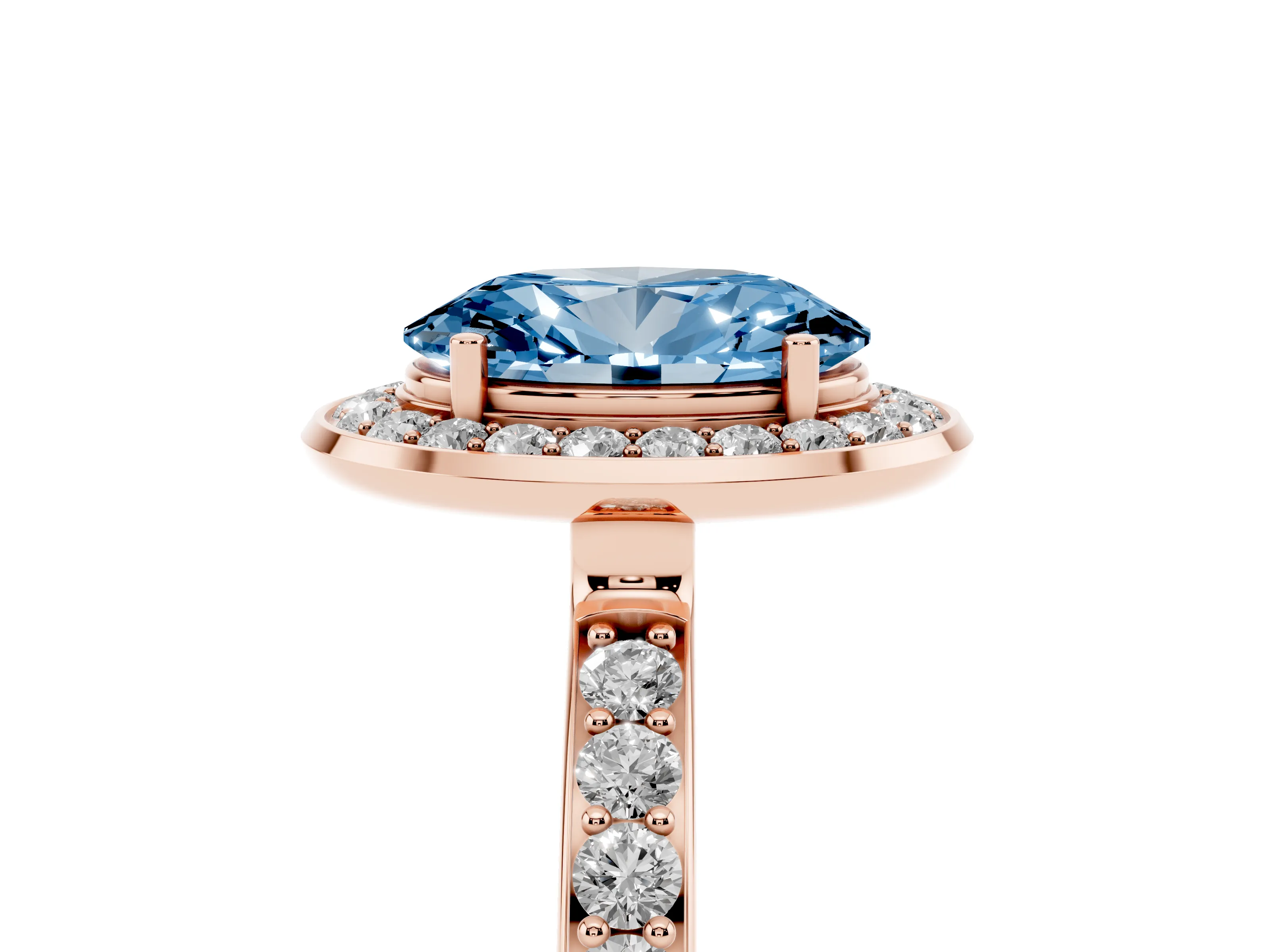 Fancy Blue Oval Cut Diamond Halo Ring Set in Rose gold with Bezel Frame and Pavé Band